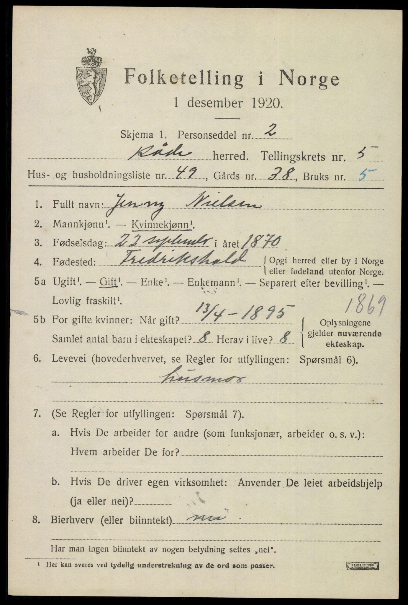 SAO, 1920 census for Råde, 1920, p. 5407