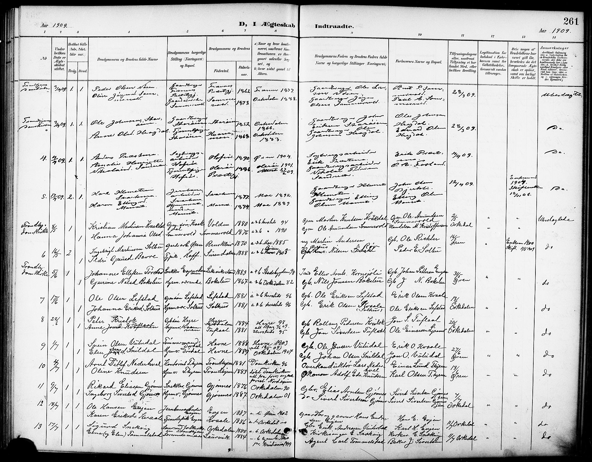Ministerialprotokoller, klokkerbøker og fødselsregistre - Sør-Trøndelag, SAT/A-1456/668/L0819: Parish register (copy) no. 668C08, 1899-1912, p. 261