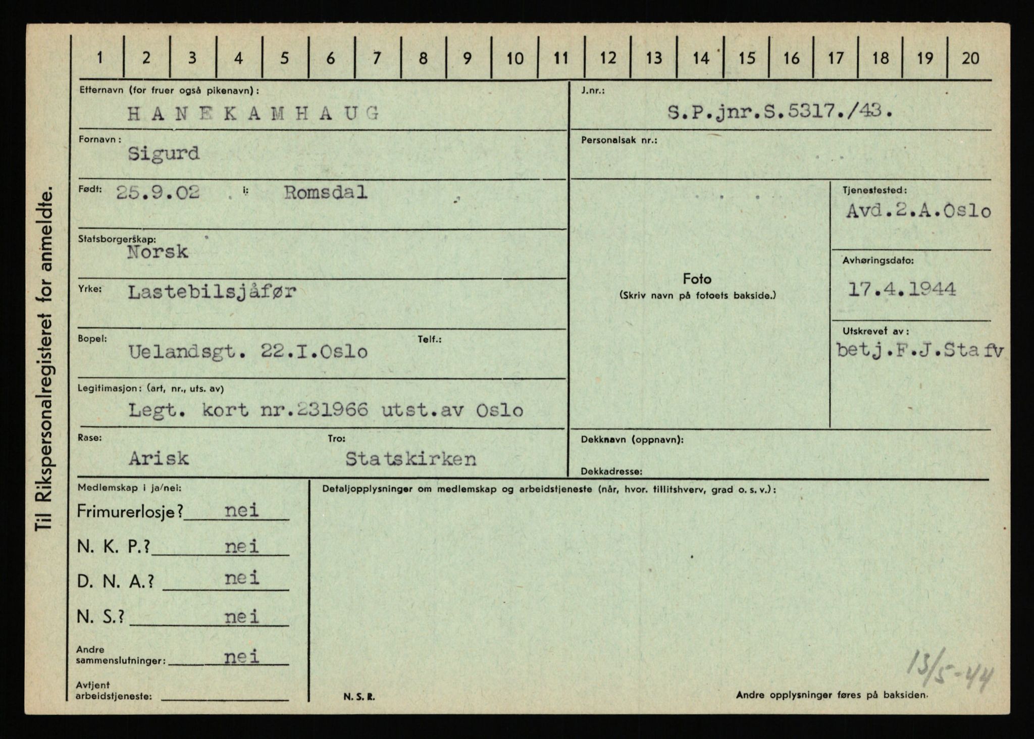 Statspolitiet - Hovedkontoret / Osloavdelingen, AV/RA-S-1329/C/Ca/L0006: Hanche - Hokstvedt, 1943-1945, p. 34