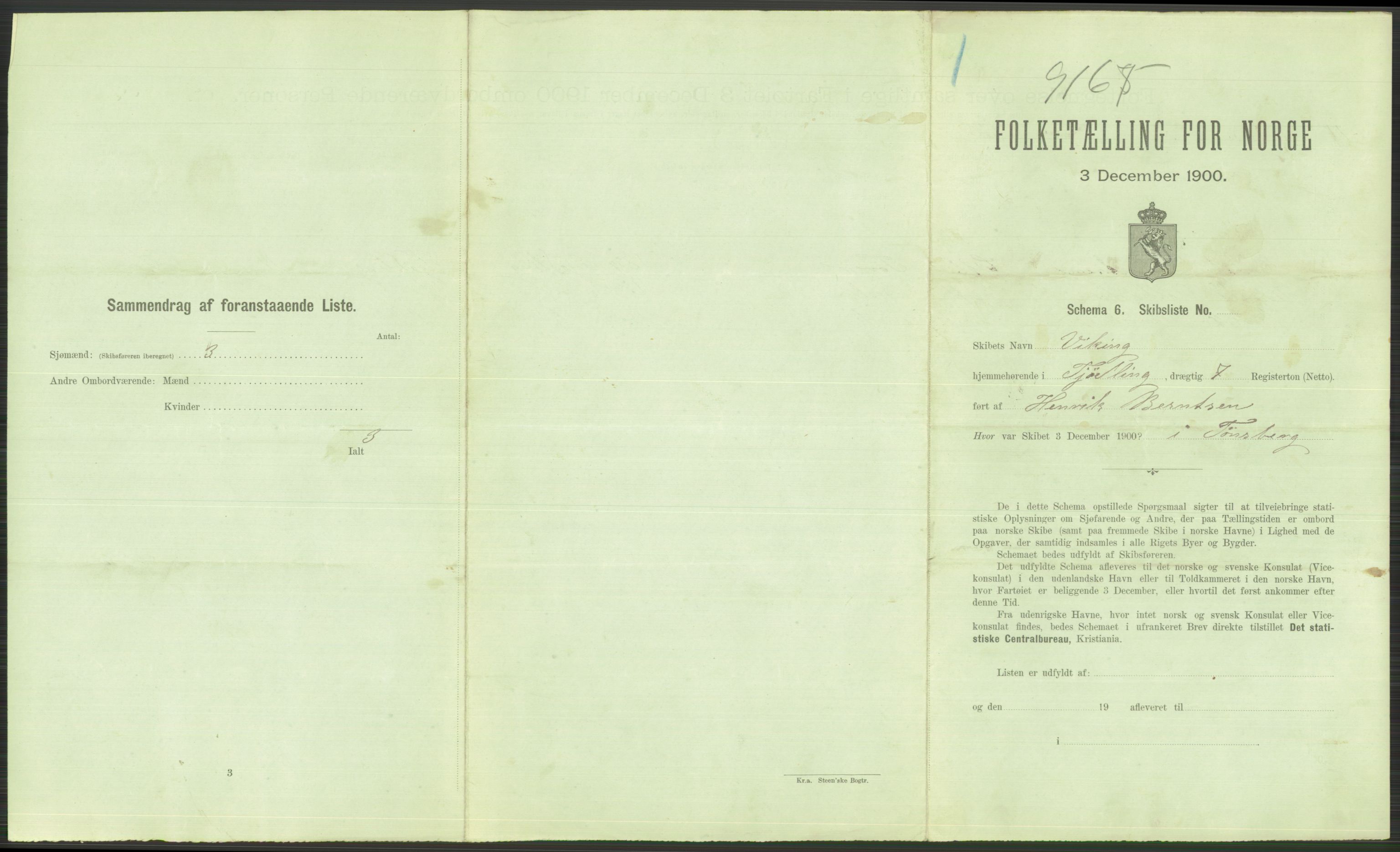 RA, 1900 Census - ship lists from ships in Norwegian harbours, harbours abroad and at sea, 1900, p. 501