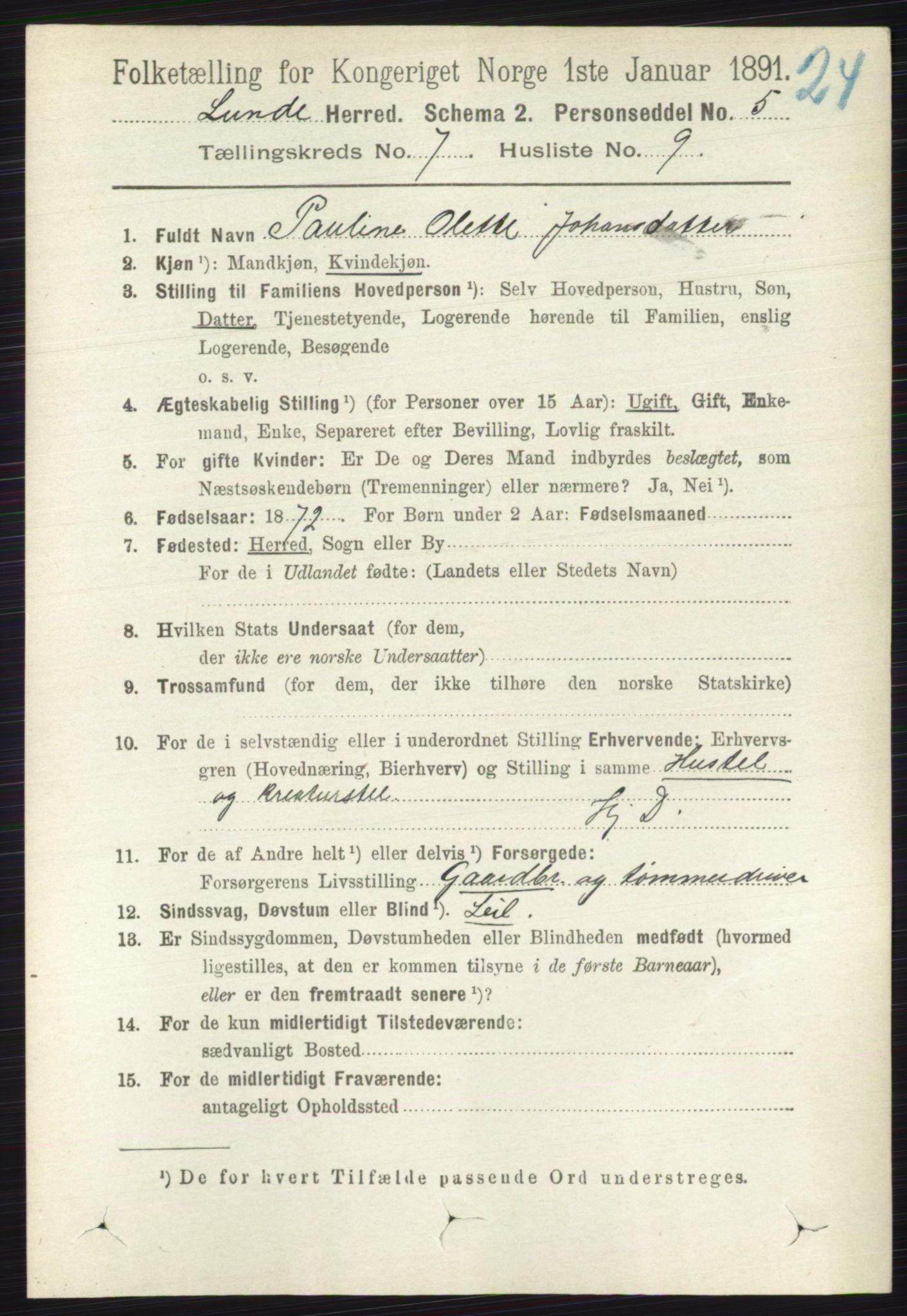 RA, 1891 census for 0820 Lunde, 1891, p. 2257