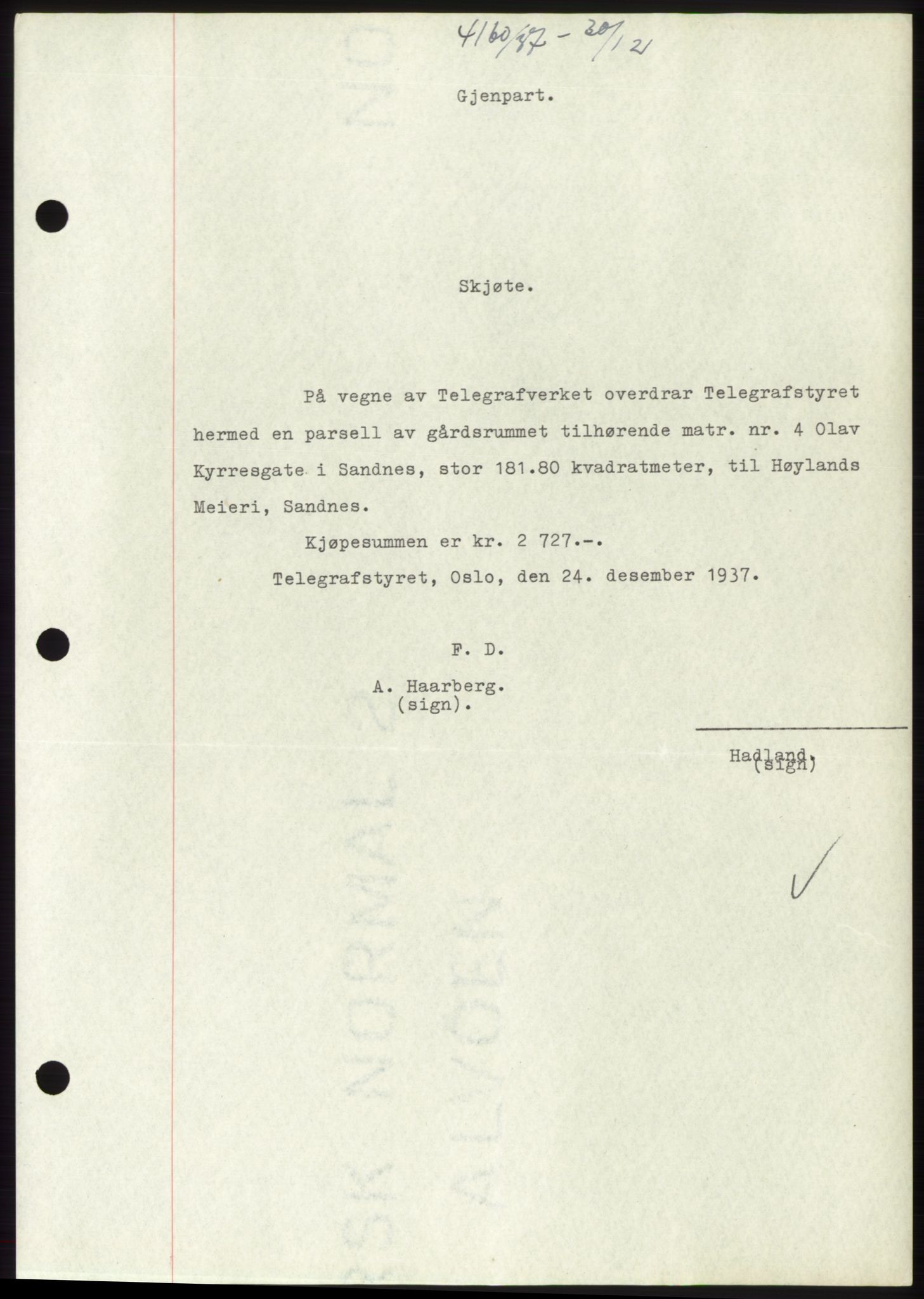 Jæren sorenskriveri, SAST/A-100310/03/G/Gba/L0069: Mortgage book, 1937-1937, Diary no: : 4160/1937