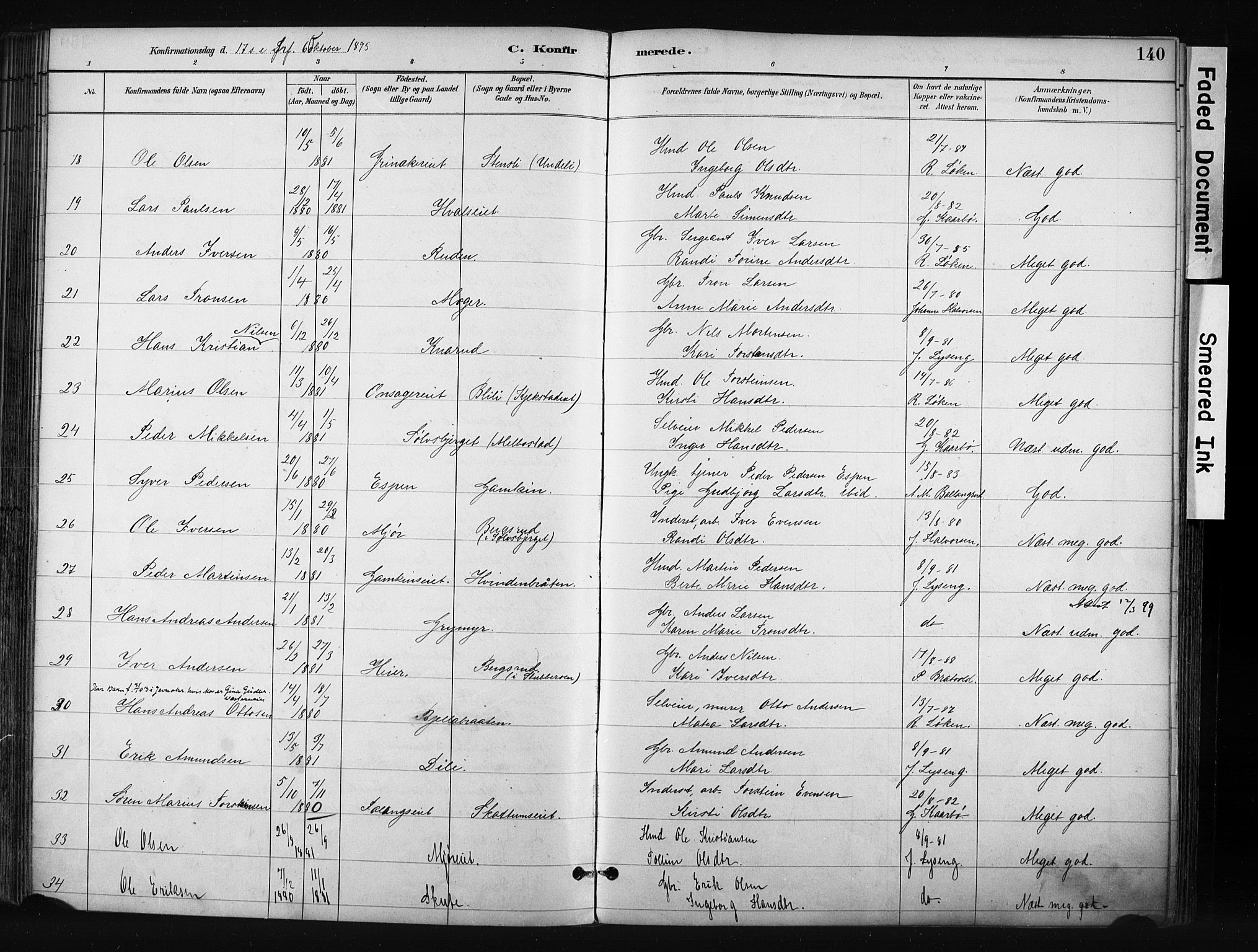 Gran prestekontor, AV/SAH-PREST-112/H/Ha/Haa/L0017: Parish register (official) no. 17, 1889-1897, p. 140