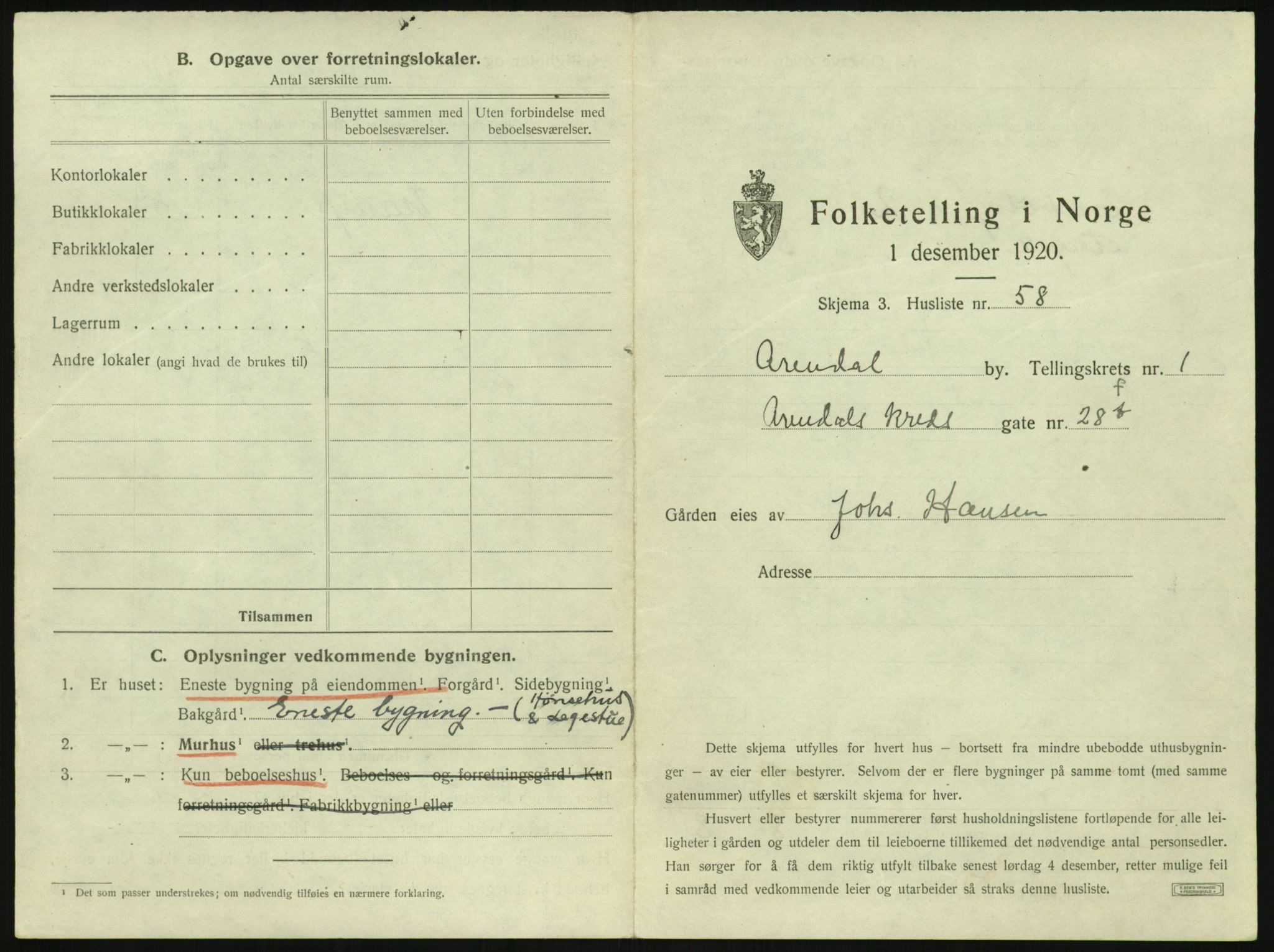 SAK, 1920 census for Arendal, 1920, p. 198