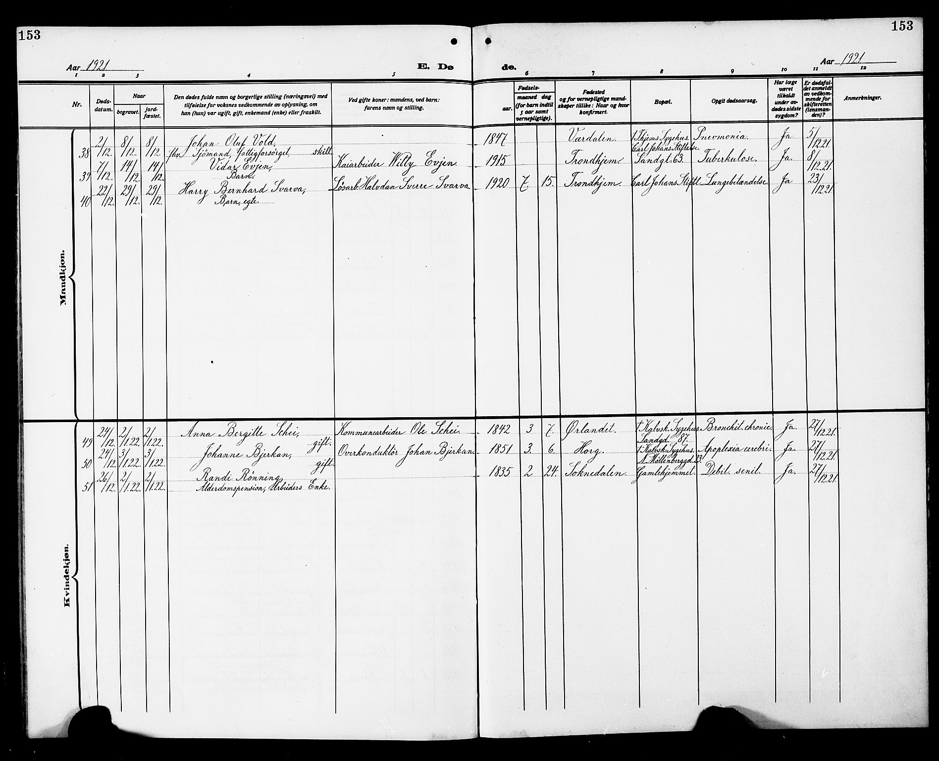 Ministerialprotokoller, klokkerbøker og fødselsregistre - Sør-Trøndelag, SAT/A-1456/602/L0147: Parish register (copy) no. 602C15, 1911-1924, p. 153
