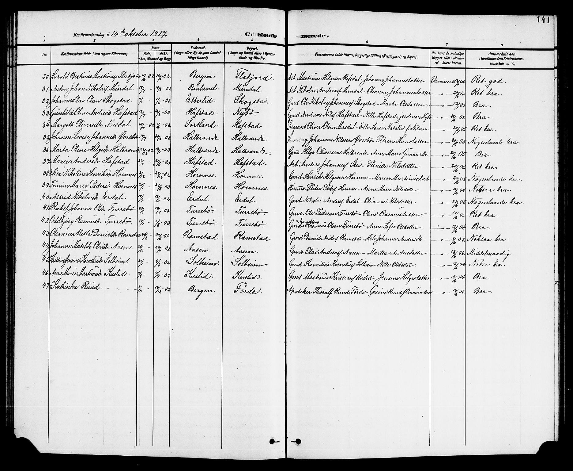 Førde sokneprestembete, SAB/A-79901/H/Hab/Haba/L0003: Parish register (copy) no. A 3, 1899-1924, p. 141