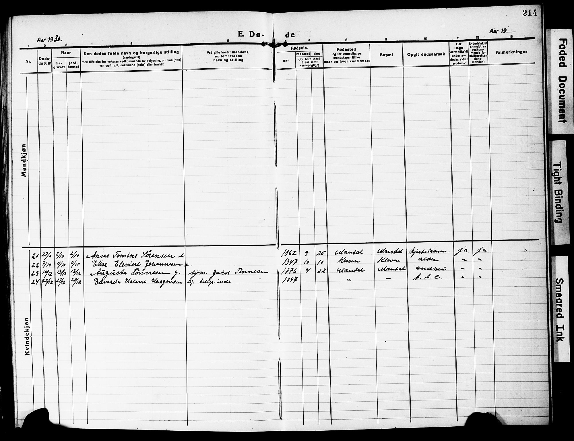 Mandal sokneprestkontor, SAK/1111-0030/F/Fb/Fbc/L0001: Parish register (copy) no. B 1, 1918-1931, p. 214