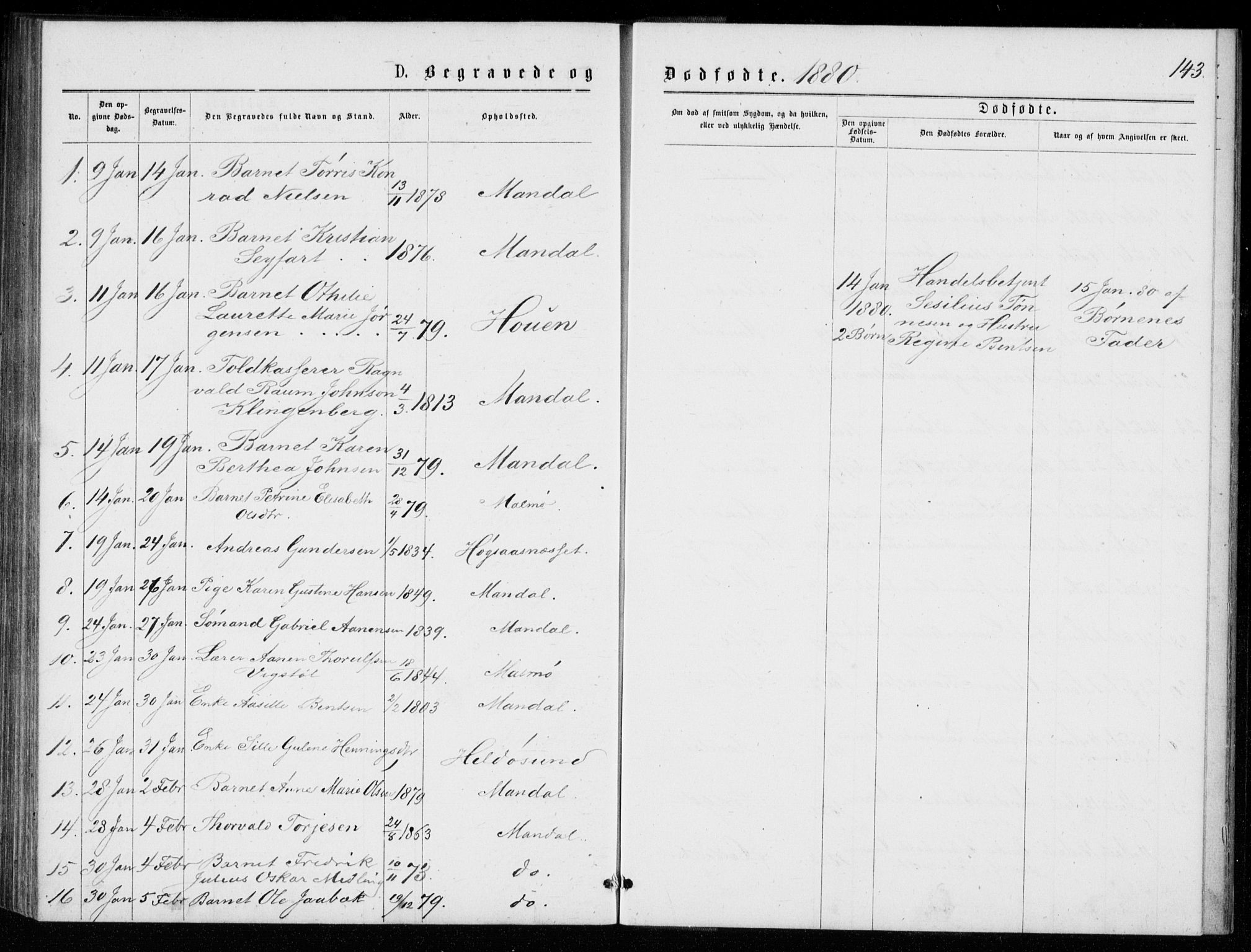 Mandal sokneprestkontor, SAK/1111-0030/F/Fb/Fba/L0010: Parish register (copy) no. B 4, 1876-1880, p. 143