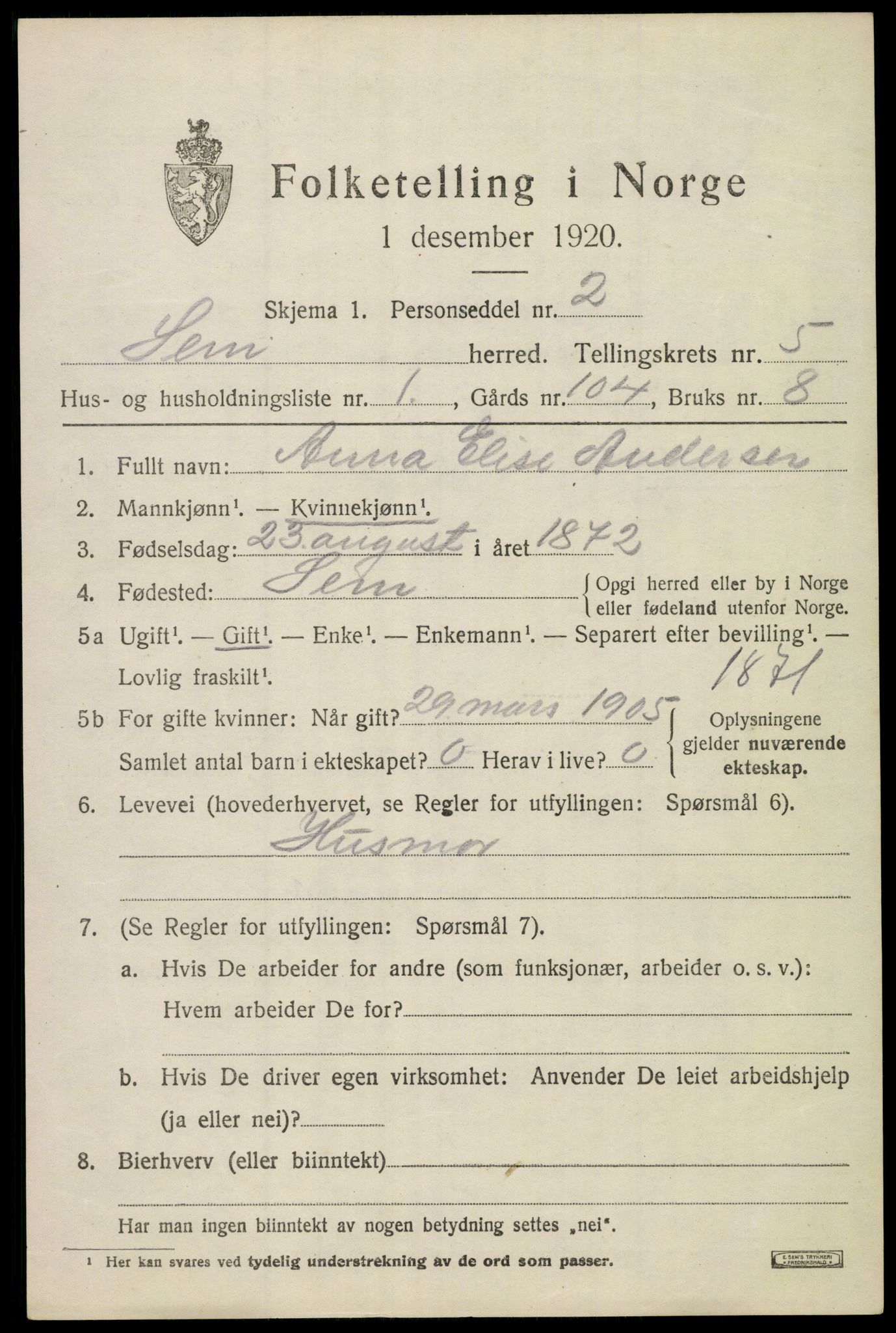 SAKO, 1920 census for Sem, 1920, p. 7851