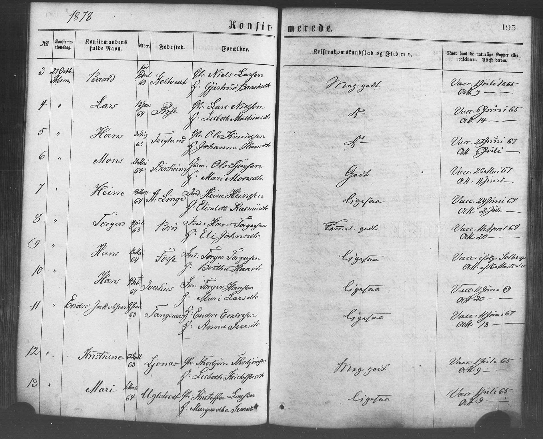 Strandebarm sokneprestembete, SAB/A-78401/H/Haa: Parish register (official) no. A 9, 1872-1886, p. 195