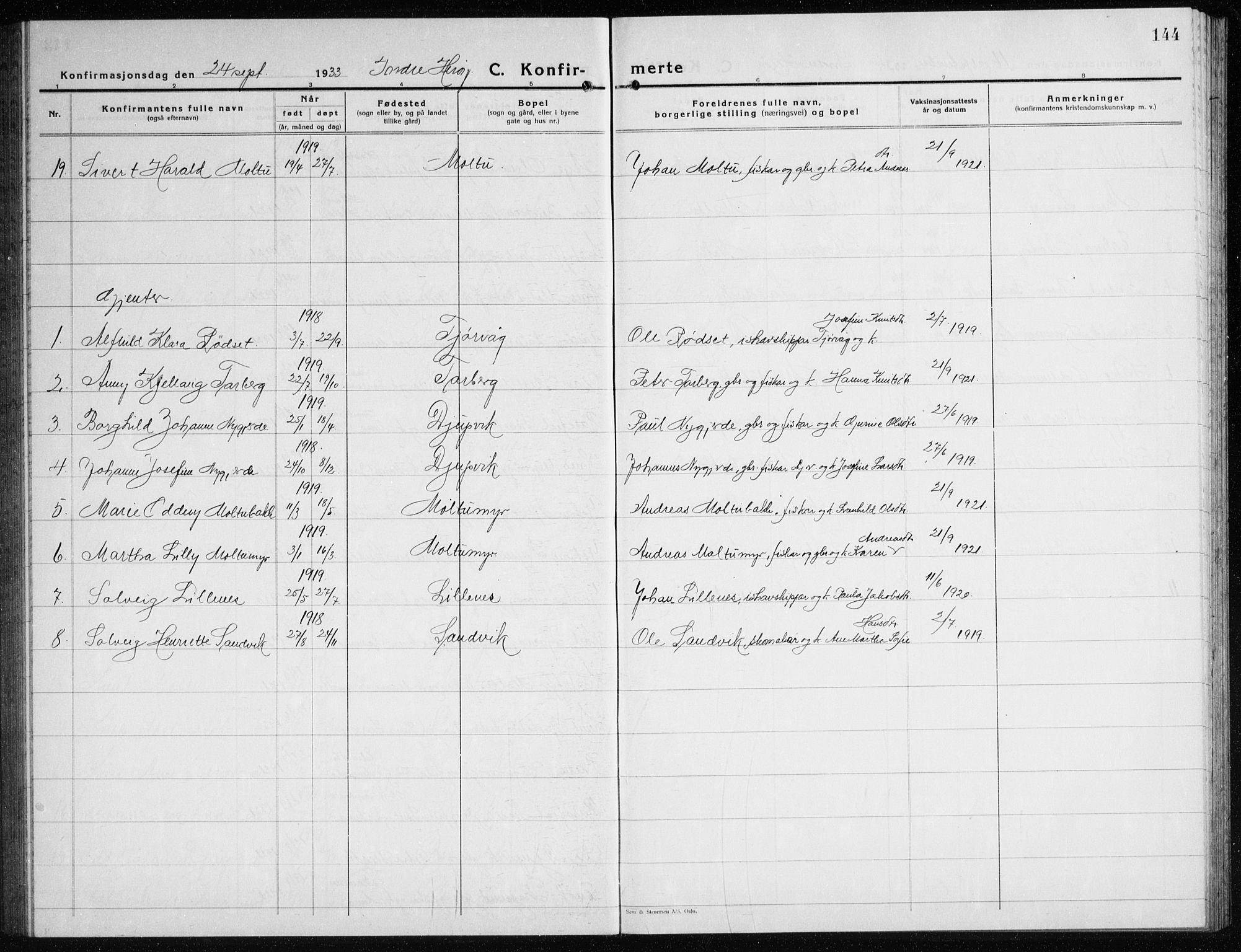 Ministerialprotokoller, klokkerbøker og fødselsregistre - Møre og Romsdal, AV/SAT-A-1454/507/L0085: Parish register (copy) no. 507C08, 1933-1944, p. 144