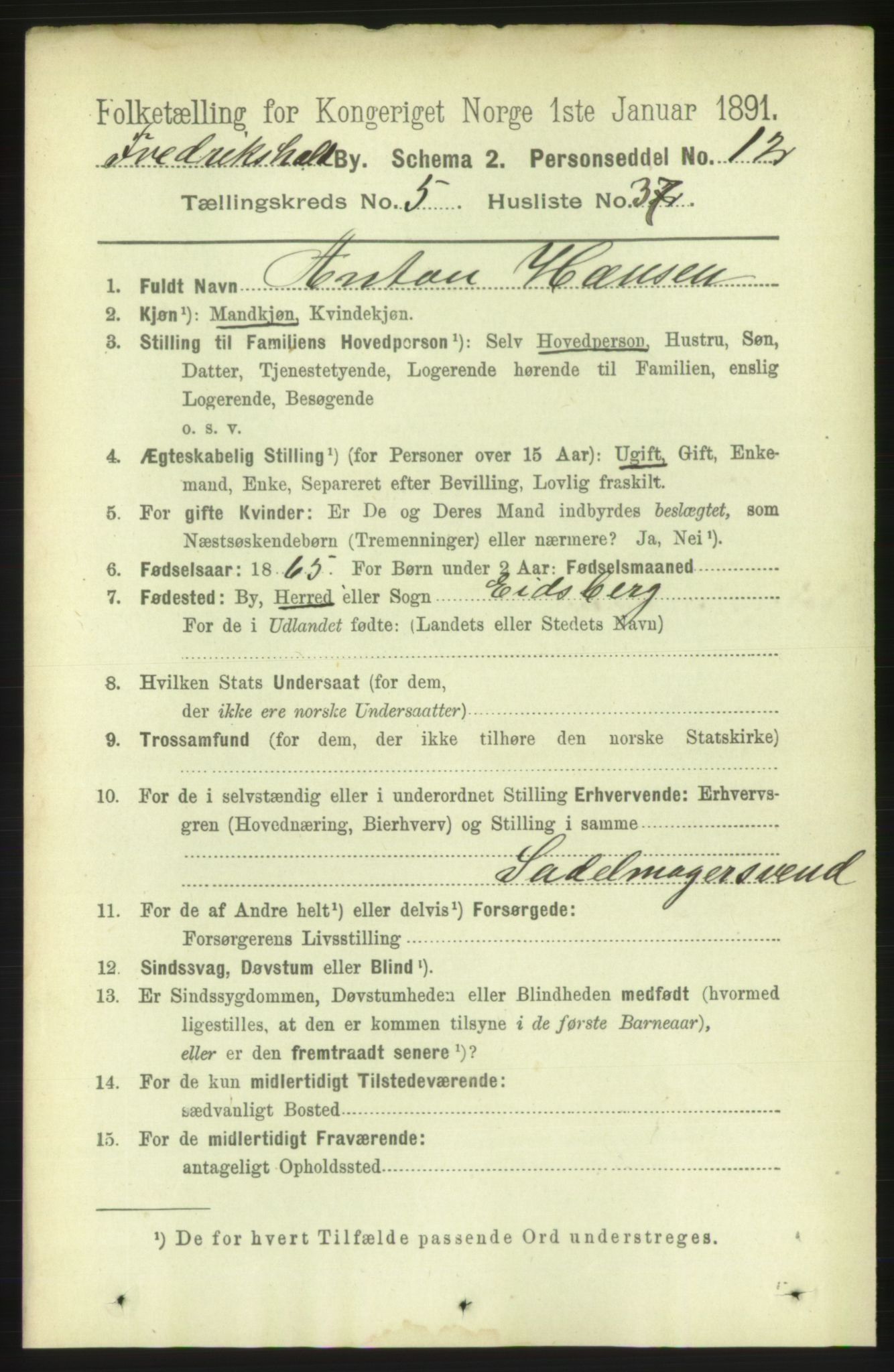 RA, 1891 census for 0101 Fredrikshald, 1891, p. 4444