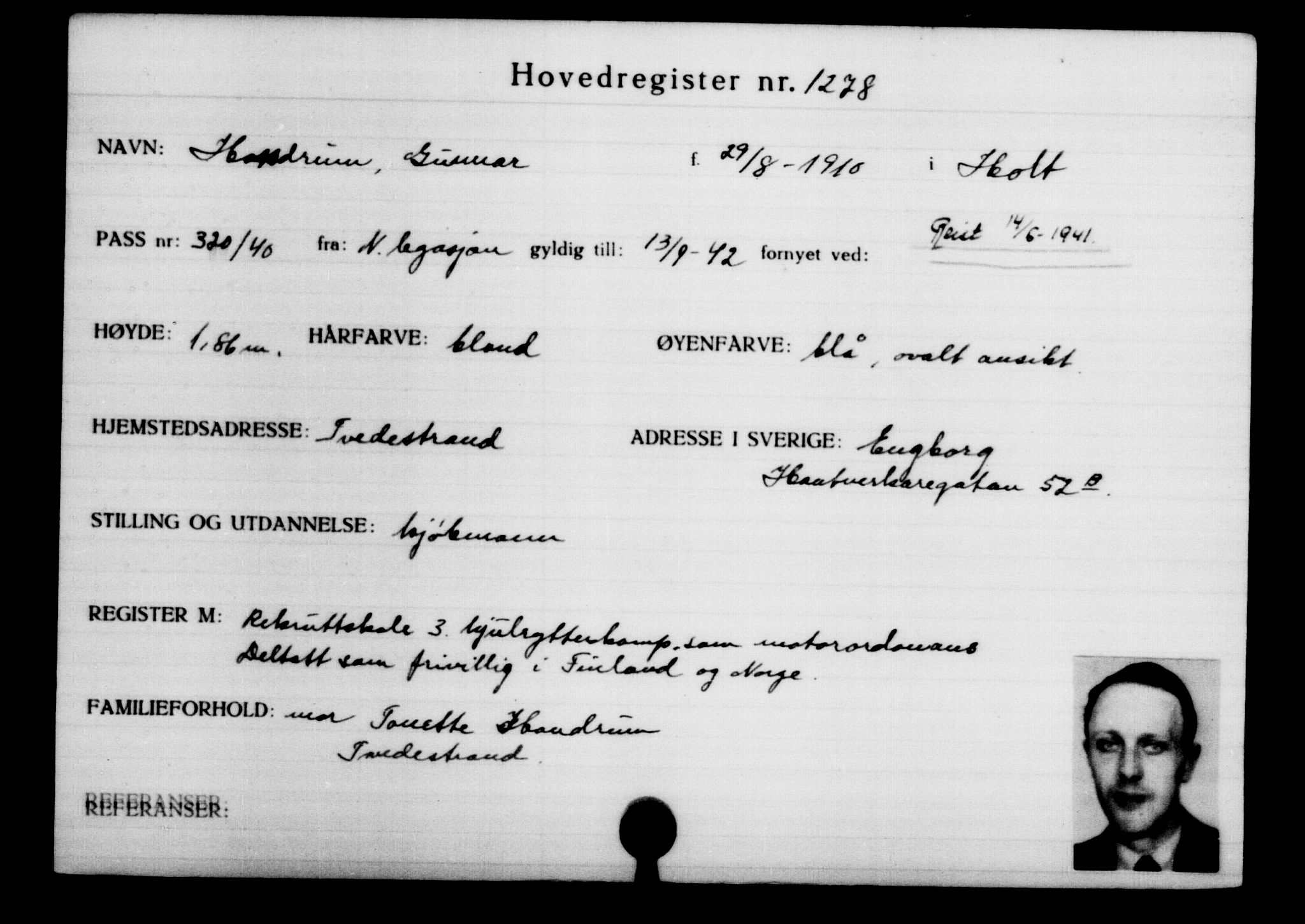 Utenriksstasjonene, Legasjonen i Stockholm, Flyktningkontoret, AV/RA-S-6753/V/Va/L0002: Kjesäterkartoteket, flyktninger med registreringsnr. 1001-2000, 1940-1945, p. 402