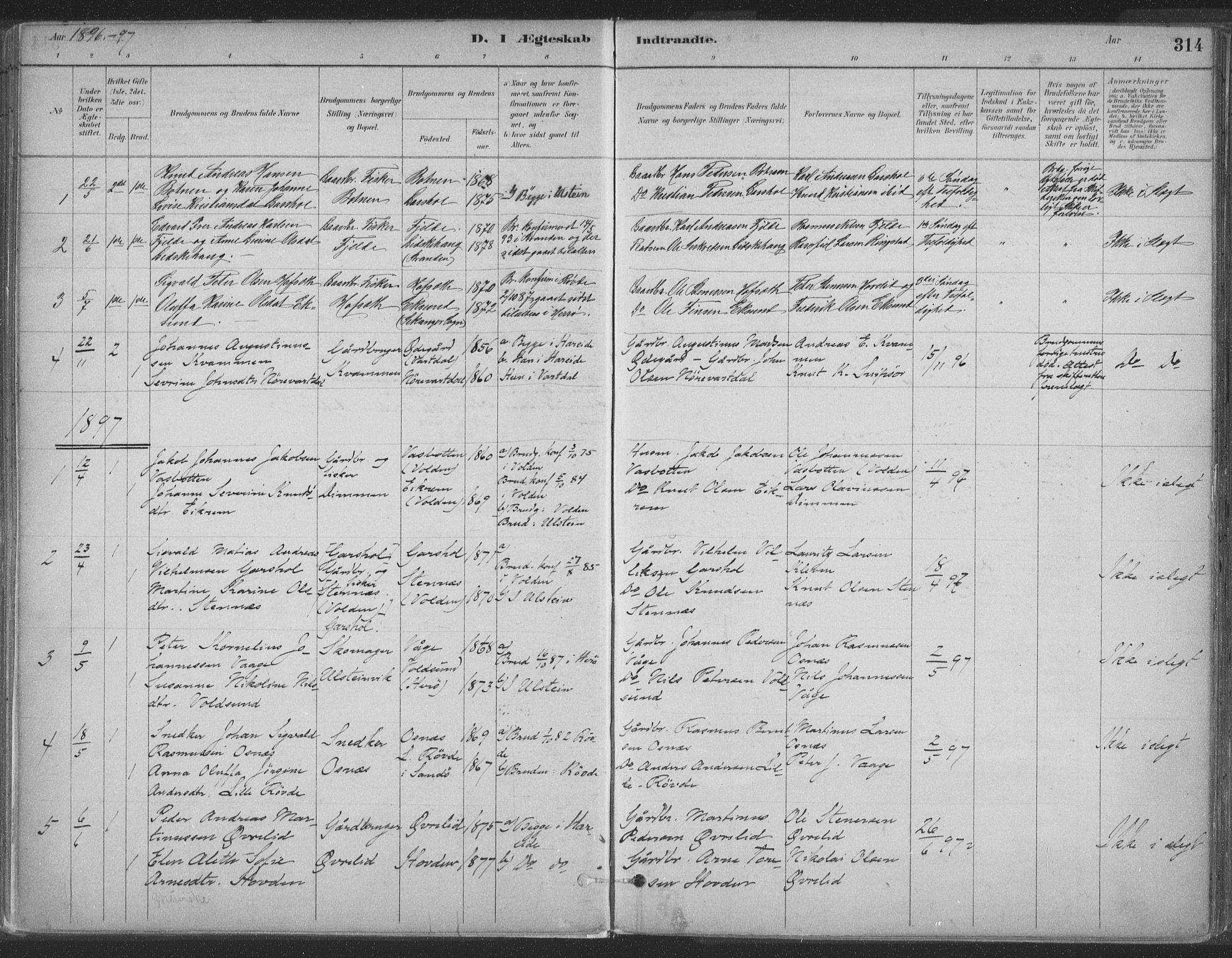 Ministerialprotokoller, klokkerbøker og fødselsregistre - Møre og Romsdal, SAT/A-1454/509/L0106: Parish register (official) no. 509A04, 1883-1922, p. 314