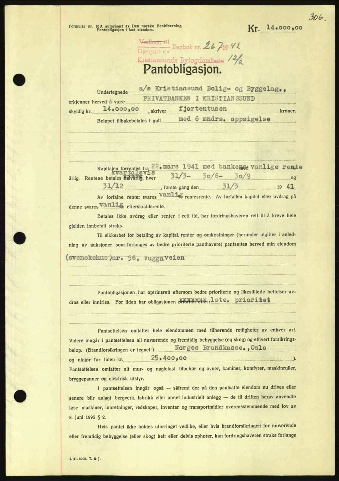 Kristiansund byfogd, AV/SAT-A-4587/A/27: Mortgage book no. 35, 1941-1942, Diary no: : 267/1942