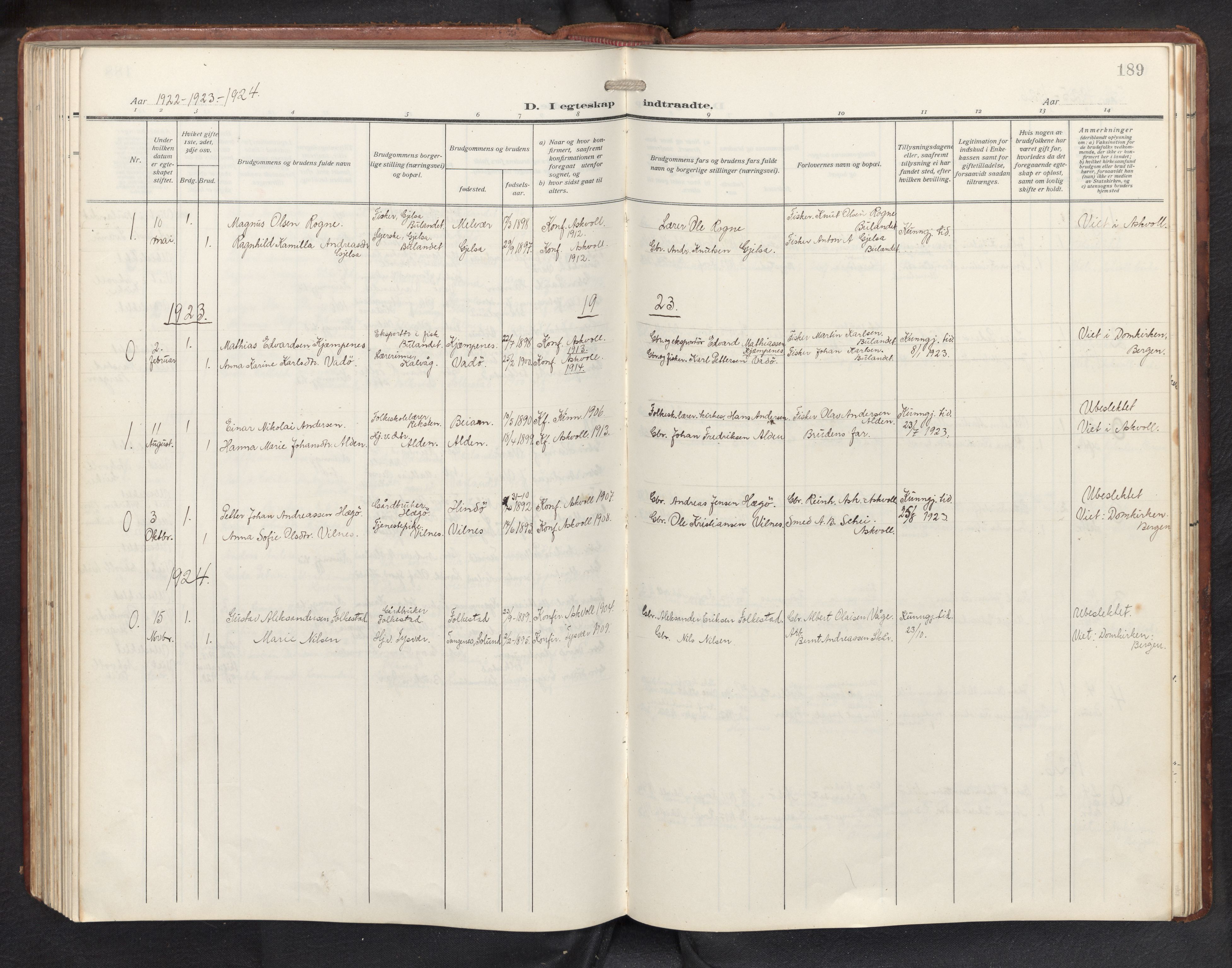 Askvoll sokneprestembete, SAB/A-79501/H/Hab/Habb/L0002: Parish register (copy) no. B 2, 1910-1947, p. 188b-189a