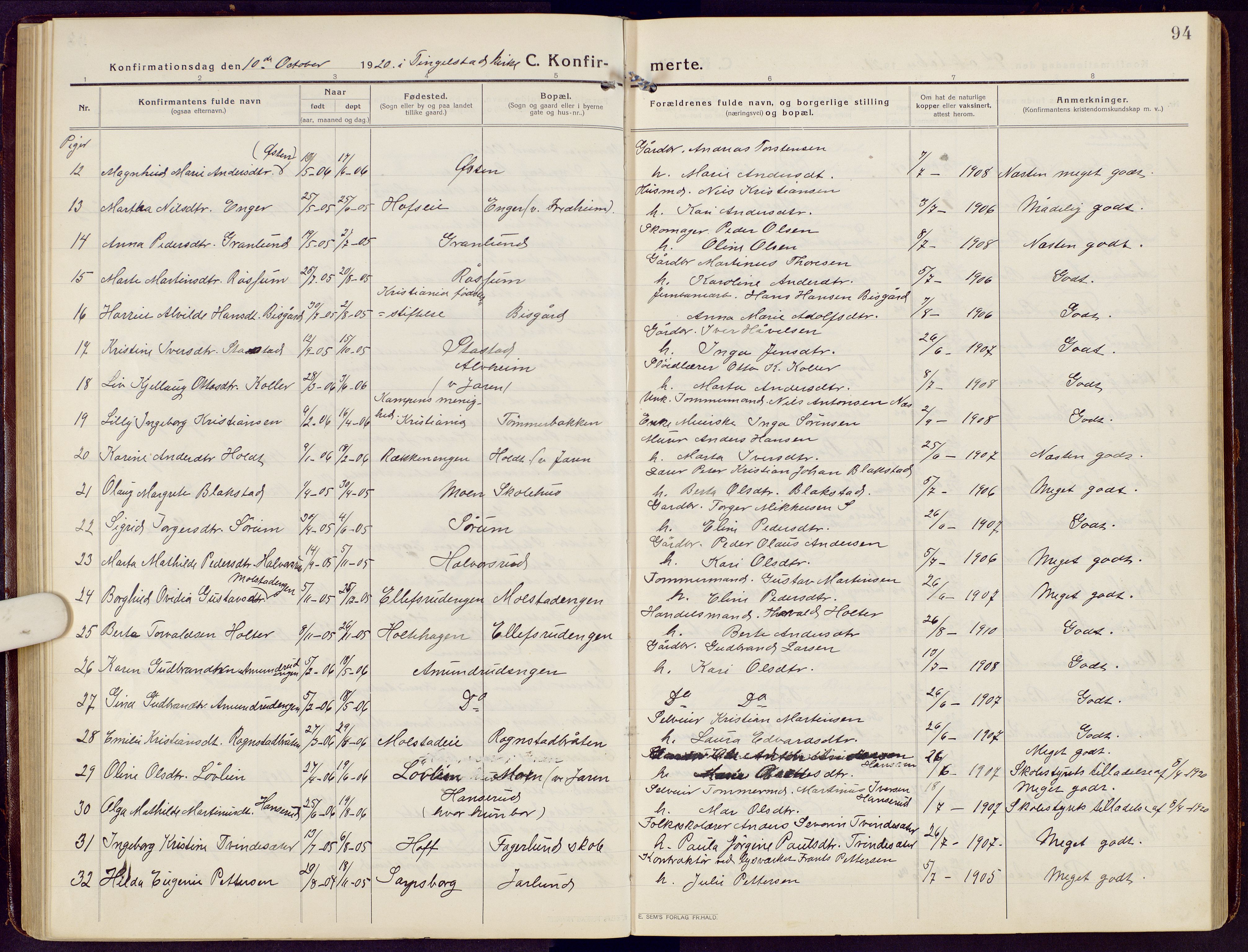 Brandbu prestekontor, SAH/PREST-114/H/Ha/Hab/L0010: Parish register (copy) no. 10, 1916-1930, p. 94