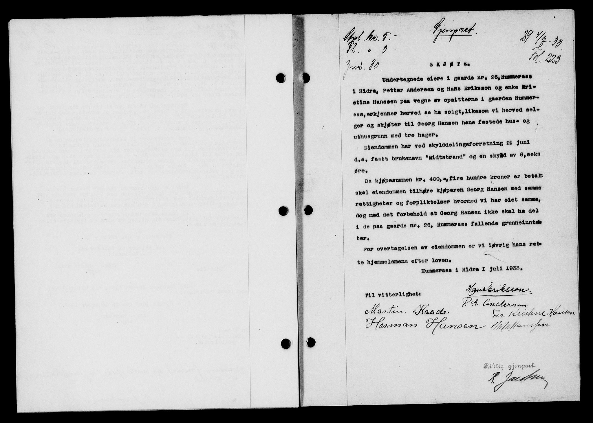 Flekkefjord sorenskriveri, SAK/1221-0001/G/Gb/Gba/L0049: Mortgage book no. 46, 1933-1934, Deed date: 04.07.1933