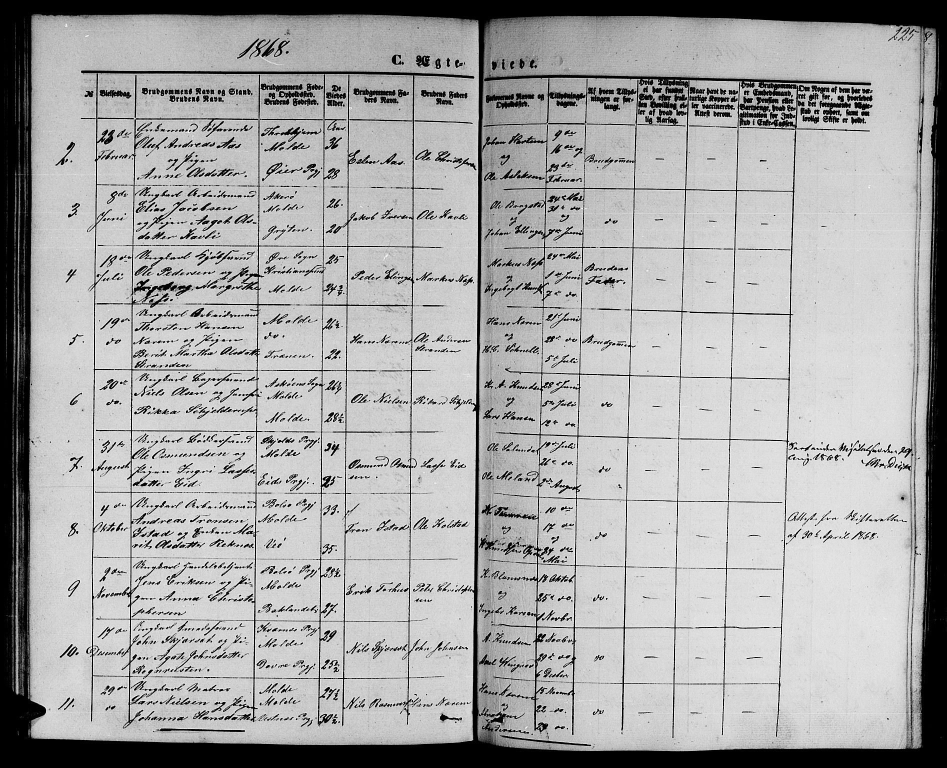 Ministerialprotokoller, klokkerbøker og fødselsregistre - Møre og Romsdal, SAT/A-1454/558/L0701: Parish register (copy) no. 558C02, 1862-1879, p. 225