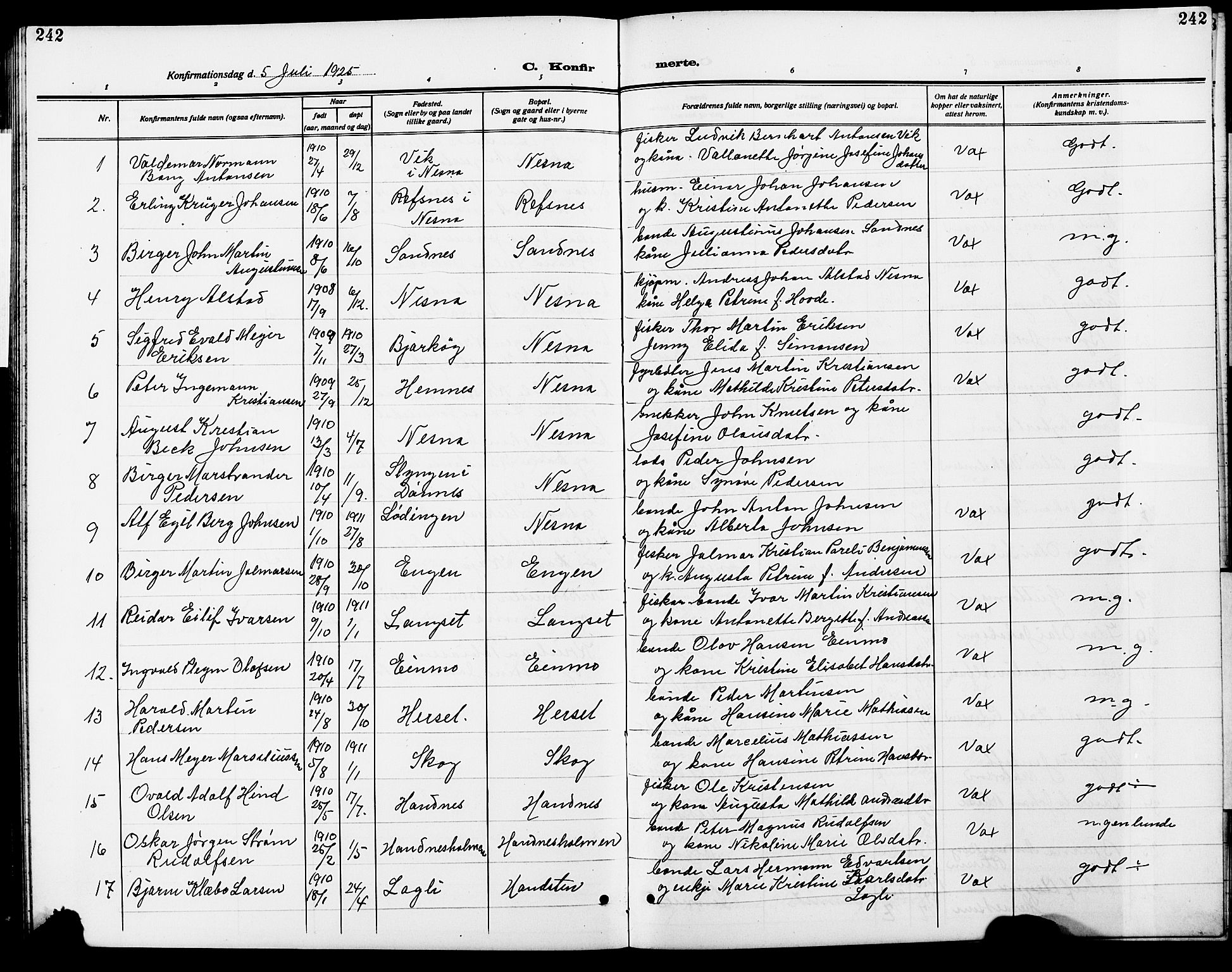 Ministerialprotokoller, klokkerbøker og fødselsregistre - Nordland, AV/SAT-A-1459/838/L0560: Parish register (copy) no. 838C07, 1910-1928, p. 242