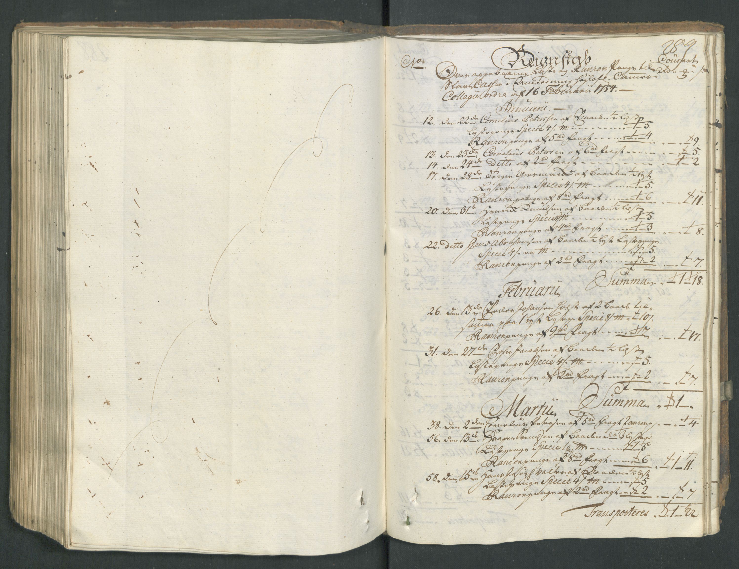 Generaltollkammeret, tollregnskaper, AV/RA-EA-5490/R15/L0029/0001: Tollregnskaper Arendal / Inngående hovedtollbok, 1756, p. 288b-289a