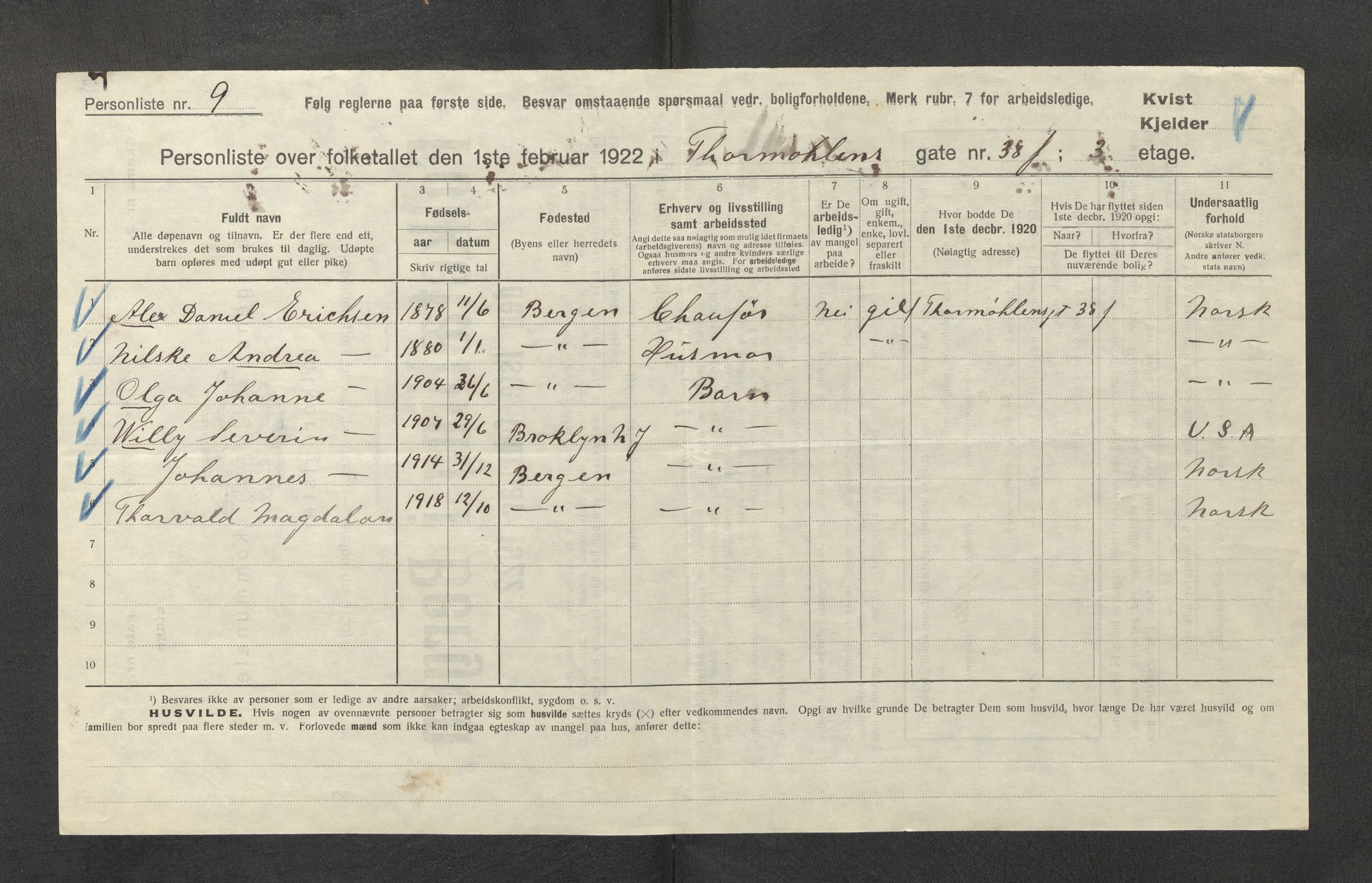 SAB, Municipal Census 1922 for Bergen, 1922, p. 43784