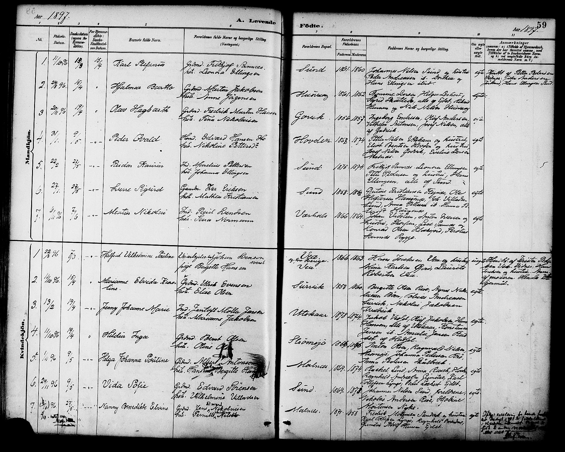Ministerialprotokoller, klokkerbøker og fødselsregistre - Nordland, AV/SAT-A-1459/892/L1320: Parish register (official) no. 892A01, 1886-1901, p. 59