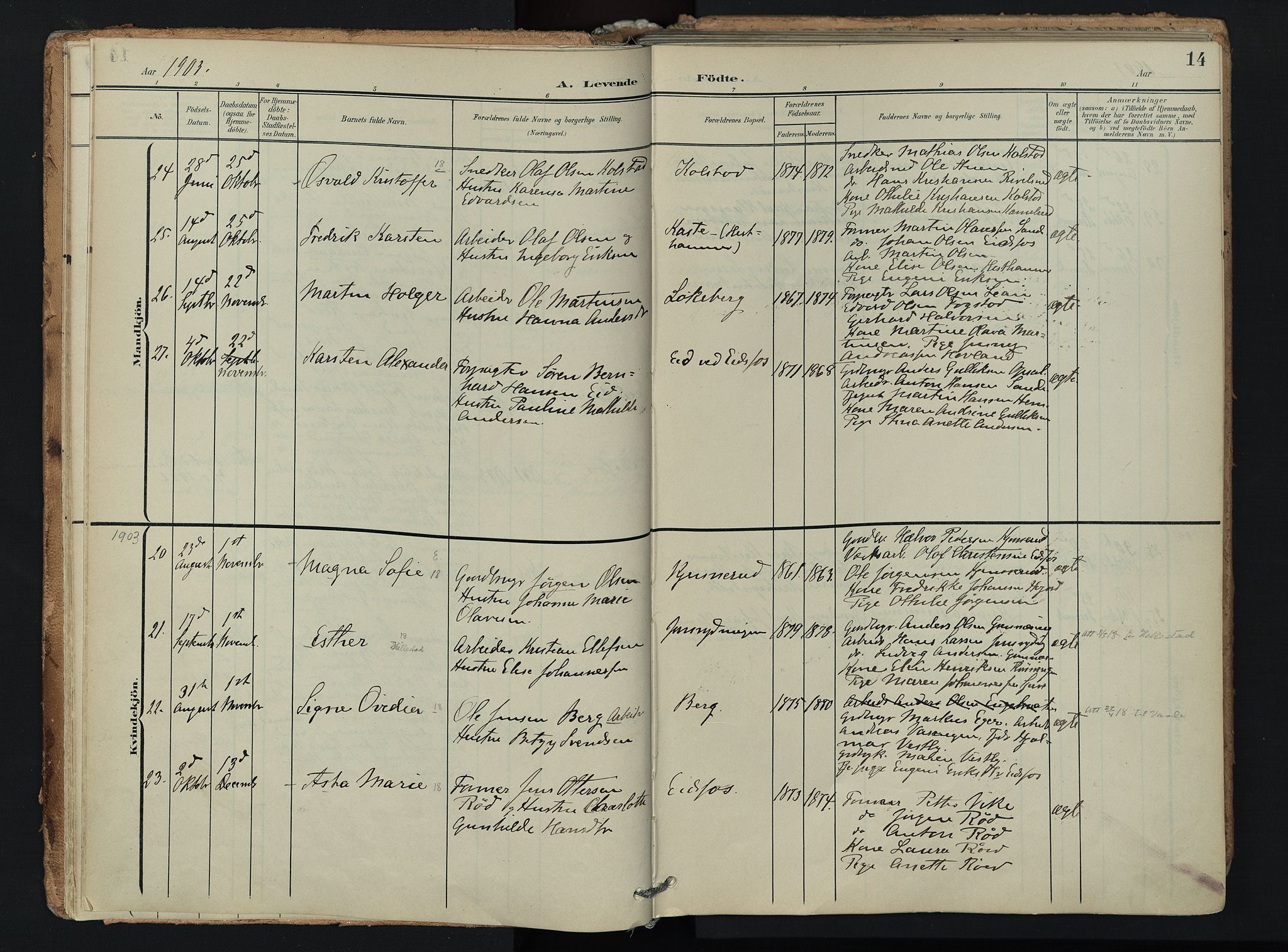 Hof kirkebøker, SAKO/A-64/F/Fa/L0008: Parish register (official) no. I 8, 1902-1921, p. 14