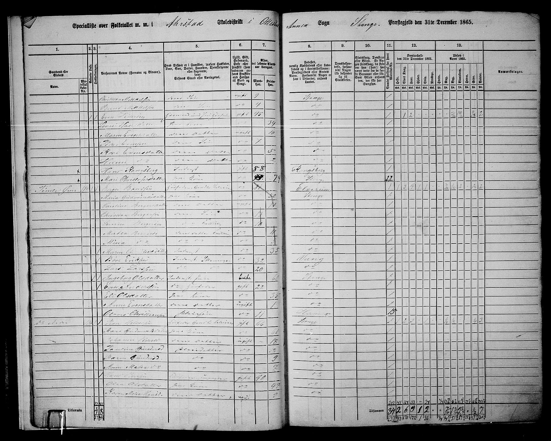 RA, 1865 census for Stange, 1865, p. 12