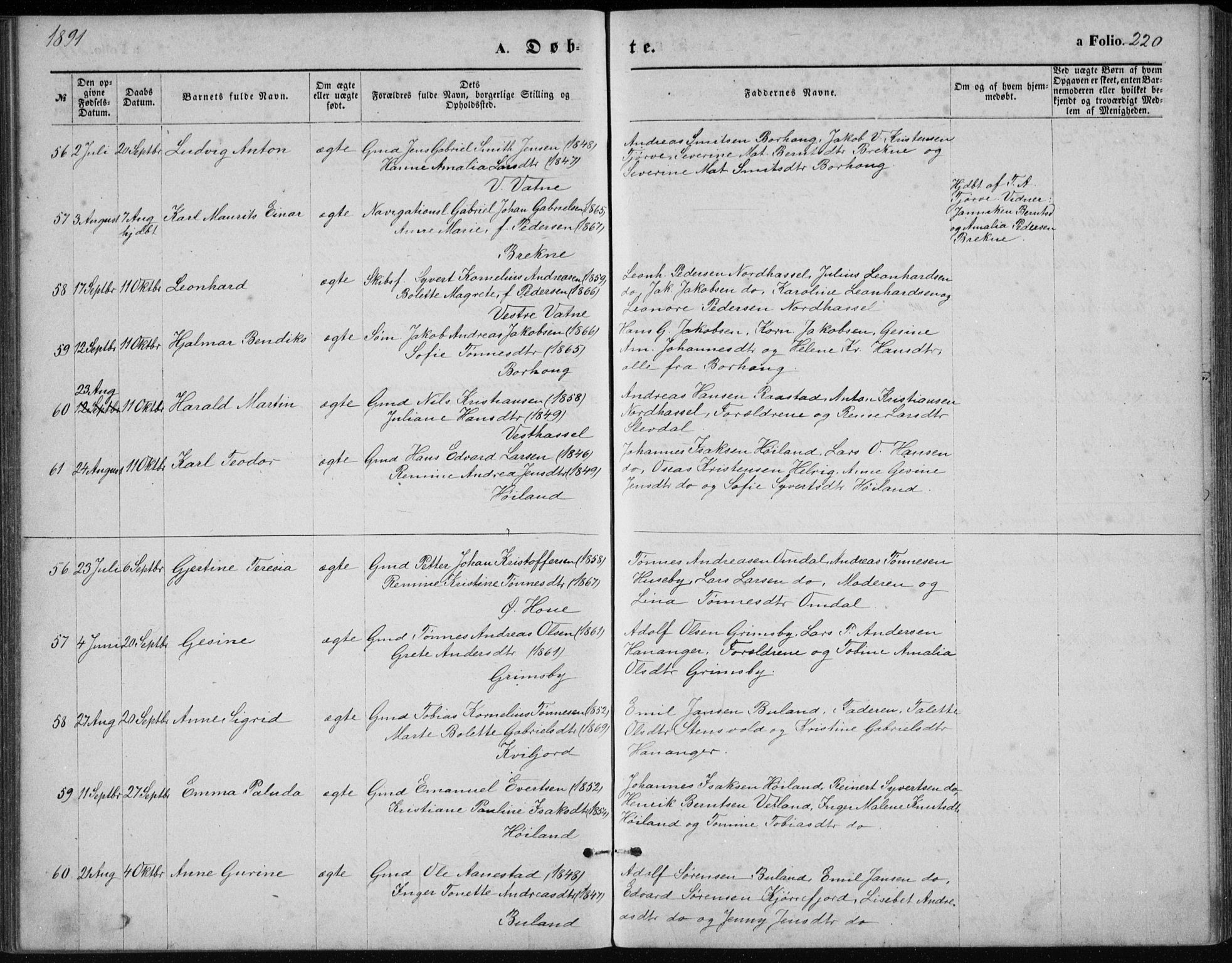 Lista sokneprestkontor, AV/SAK-1111-0027/F/Fb/L0004: Parish register (copy) no. B 4, 1877-1891, p. 220