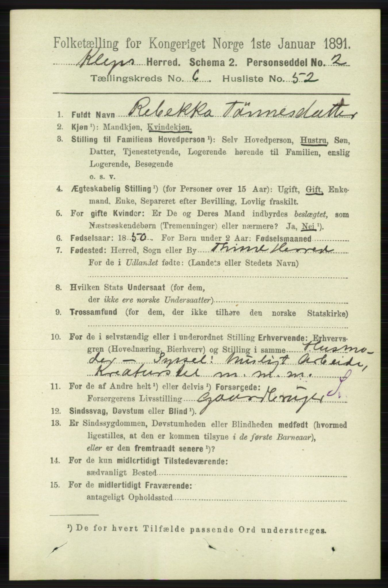 RA, 1891 census for 1120 Klepp, 1891, p. 2038