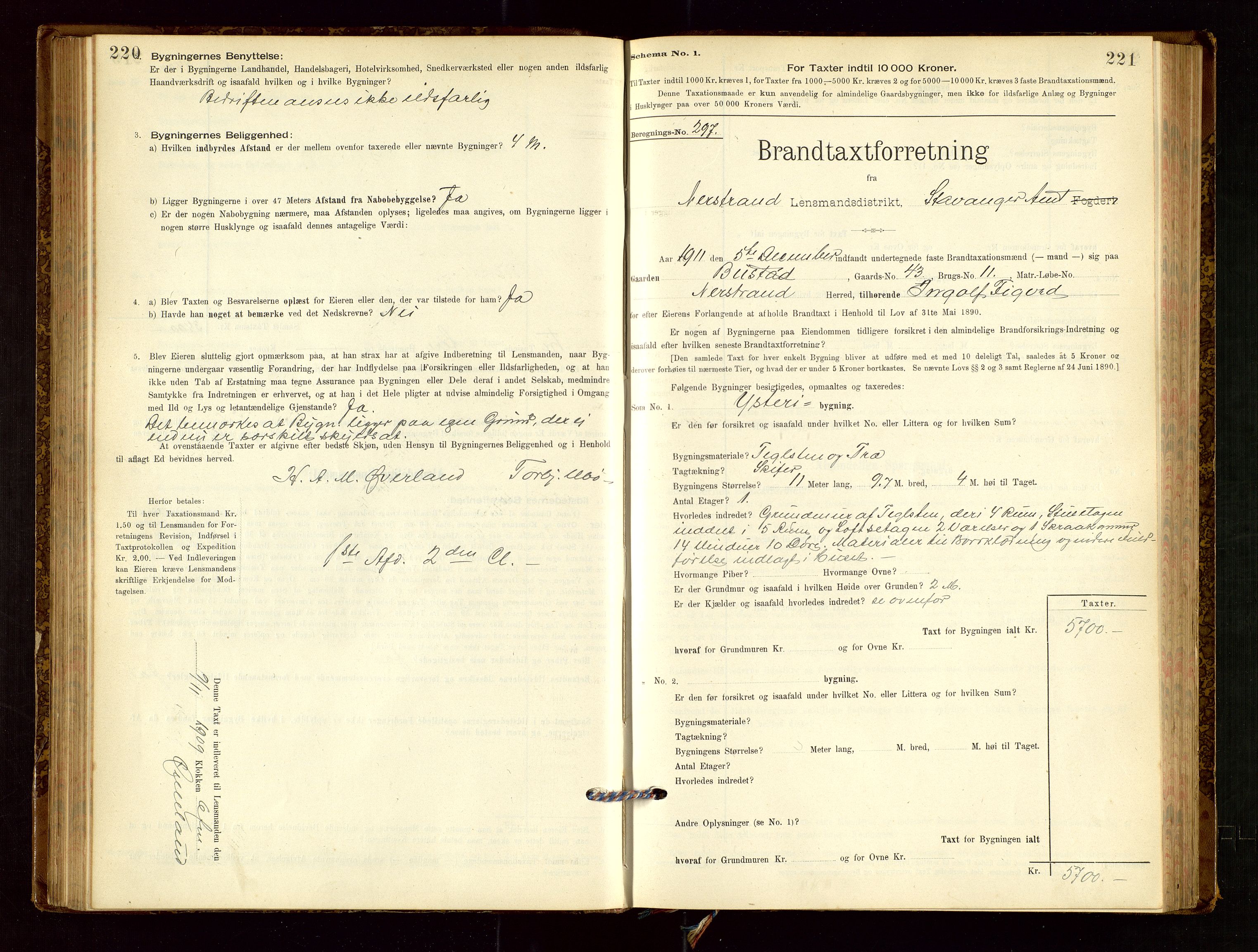 Nedstrand lensmannskontor, SAST/A-100236/Gob/L0001: "Brandtaxationsprotokol for Nerstrand Lensmandsdistrikt Ryfylke fogderi", 1895-1915, p. 220-221