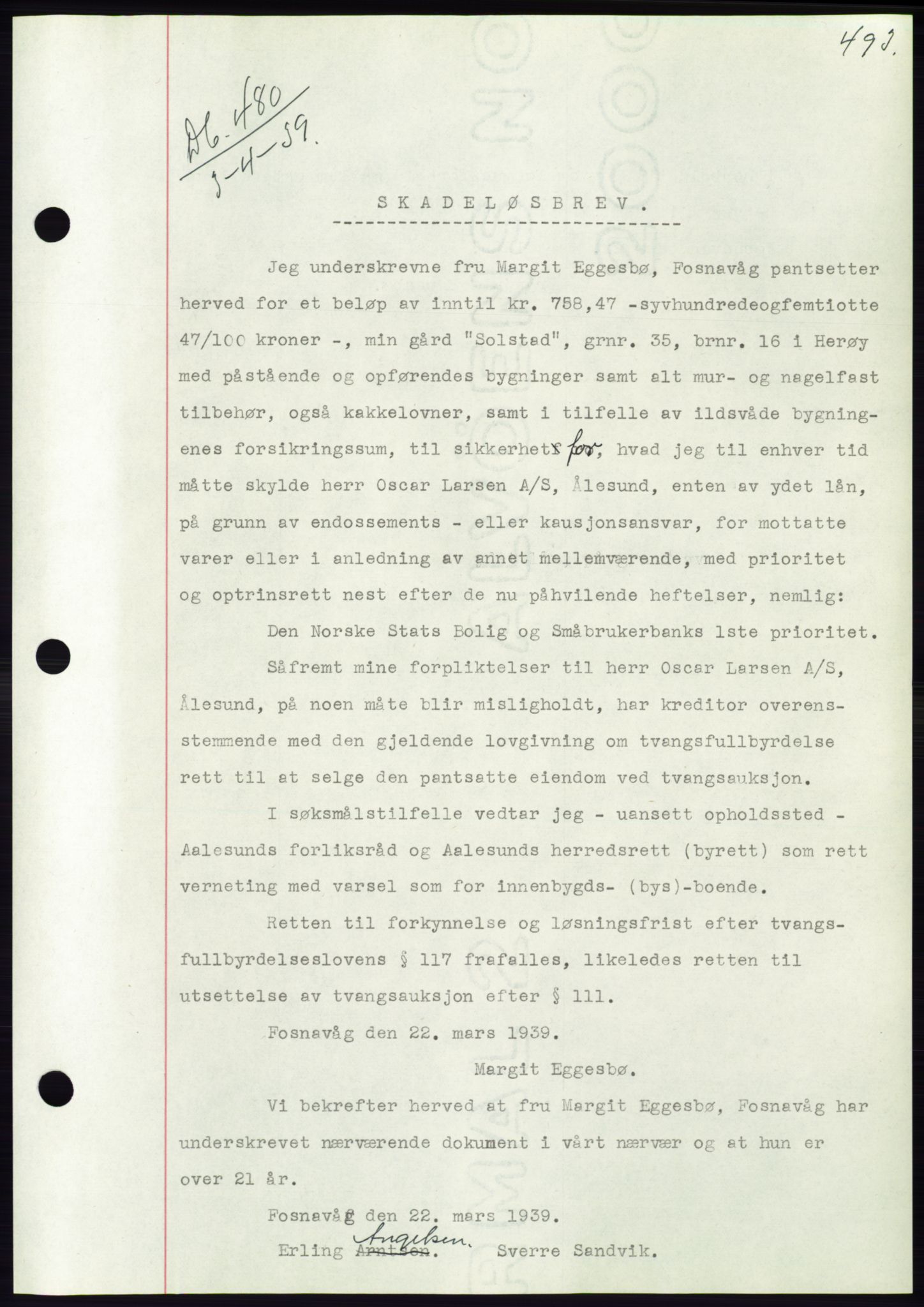 Søre Sunnmøre sorenskriveri, AV/SAT-A-4122/1/2/2C/L0067: Mortgage book no. 61, 1938-1939, Diary no: : 480/1939