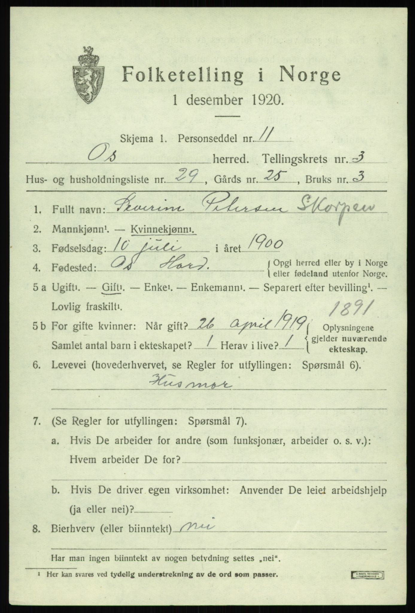 SAB, 1920 census for Os, 1920, p. 2926