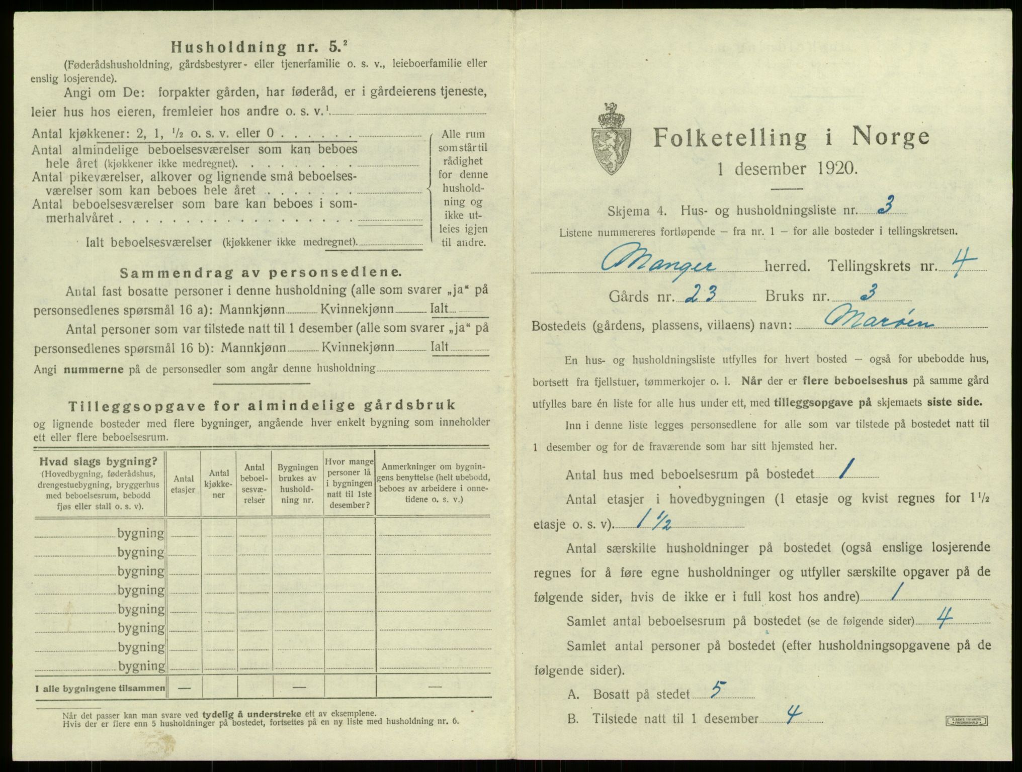 SAB, 1920 census for Manger, 1920, p. 303