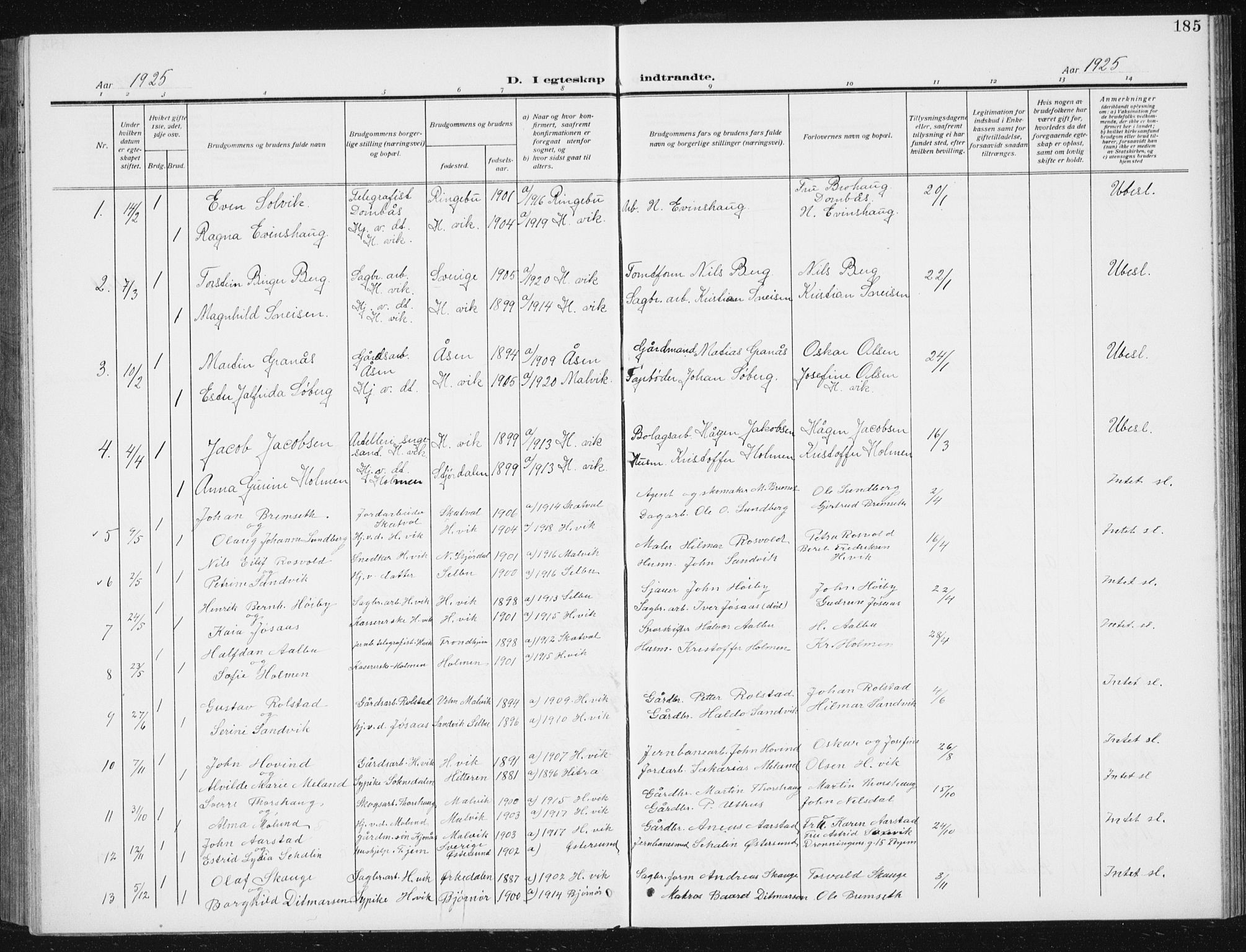 Ministerialprotokoller, klokkerbøker og fødselsregistre - Sør-Trøndelag, SAT/A-1456/617/L0431: Parish register (copy) no. 617C02, 1910-1936, p. 185
