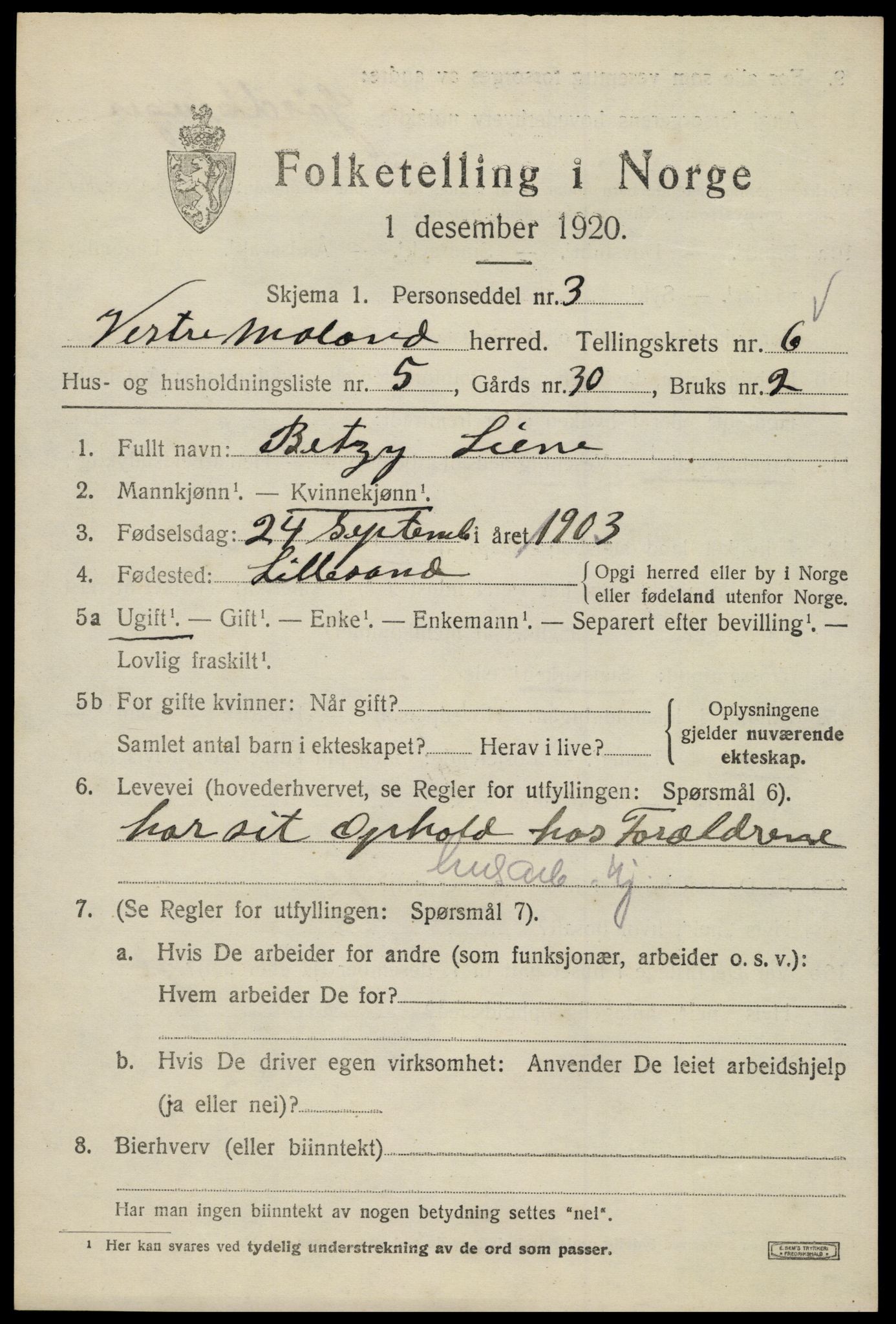 SAK, 1920 census for Vestre Moland, 1920, p. 4633