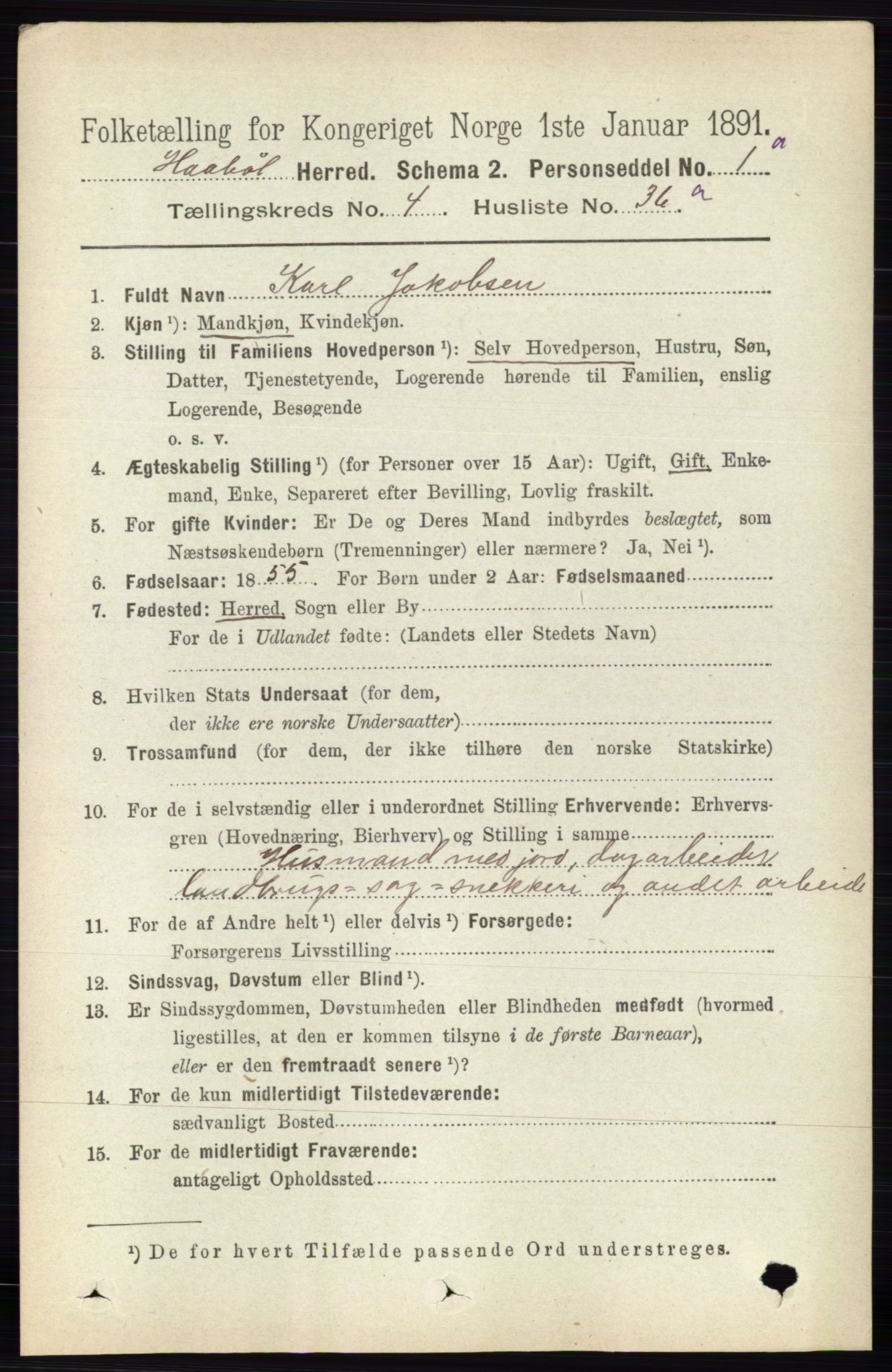 RA, 1891 census for 0138 Hobøl, 1891, p. 2621