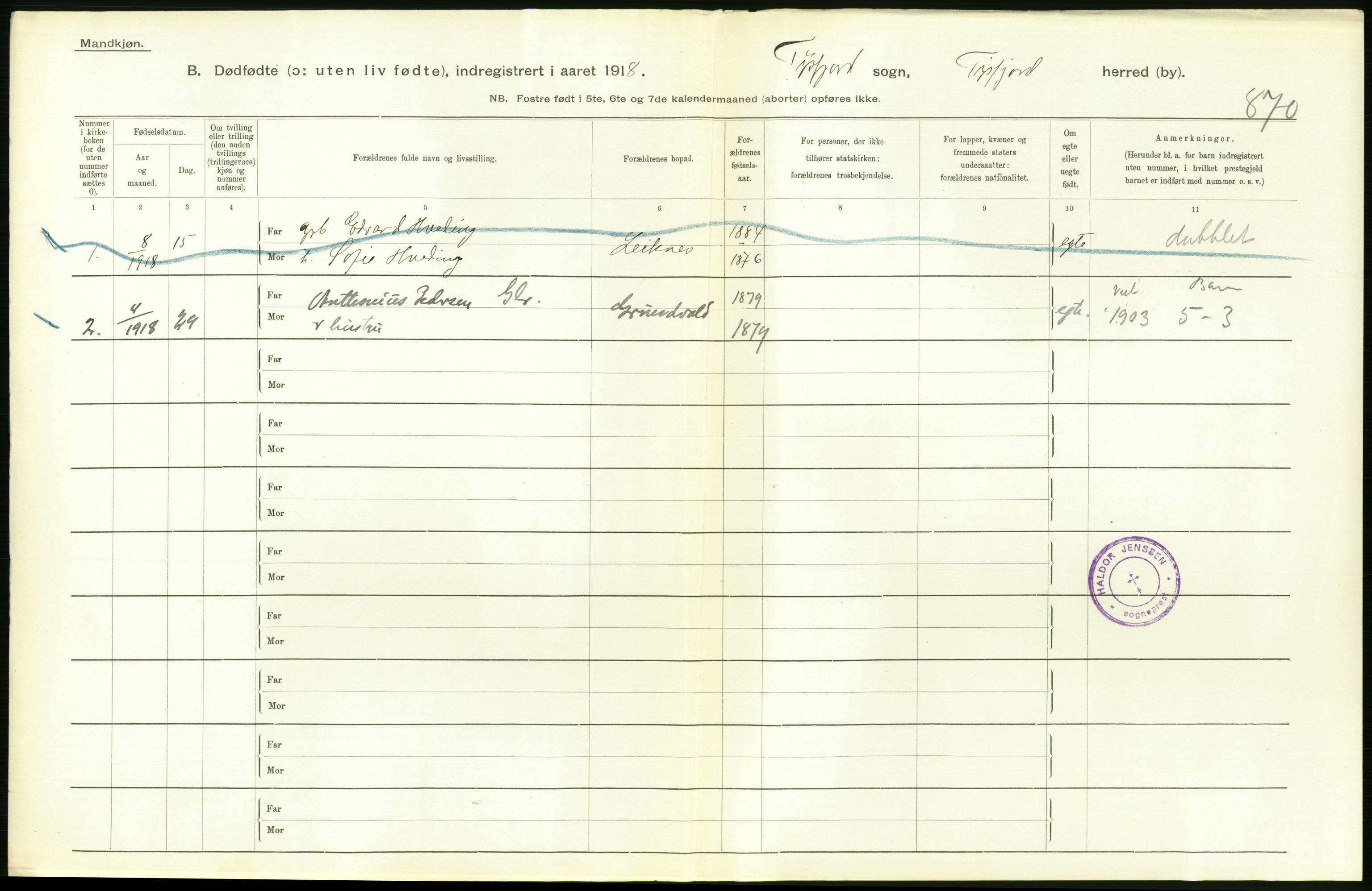 Statistisk sentralbyrå, Sosiodemografiske emner, Befolkning, AV/RA-S-2228/D/Df/Dfb/Dfbh/L0054: Nordland fylke: Gifte, dødfødte. Bygder og byer., 1918, p. 408