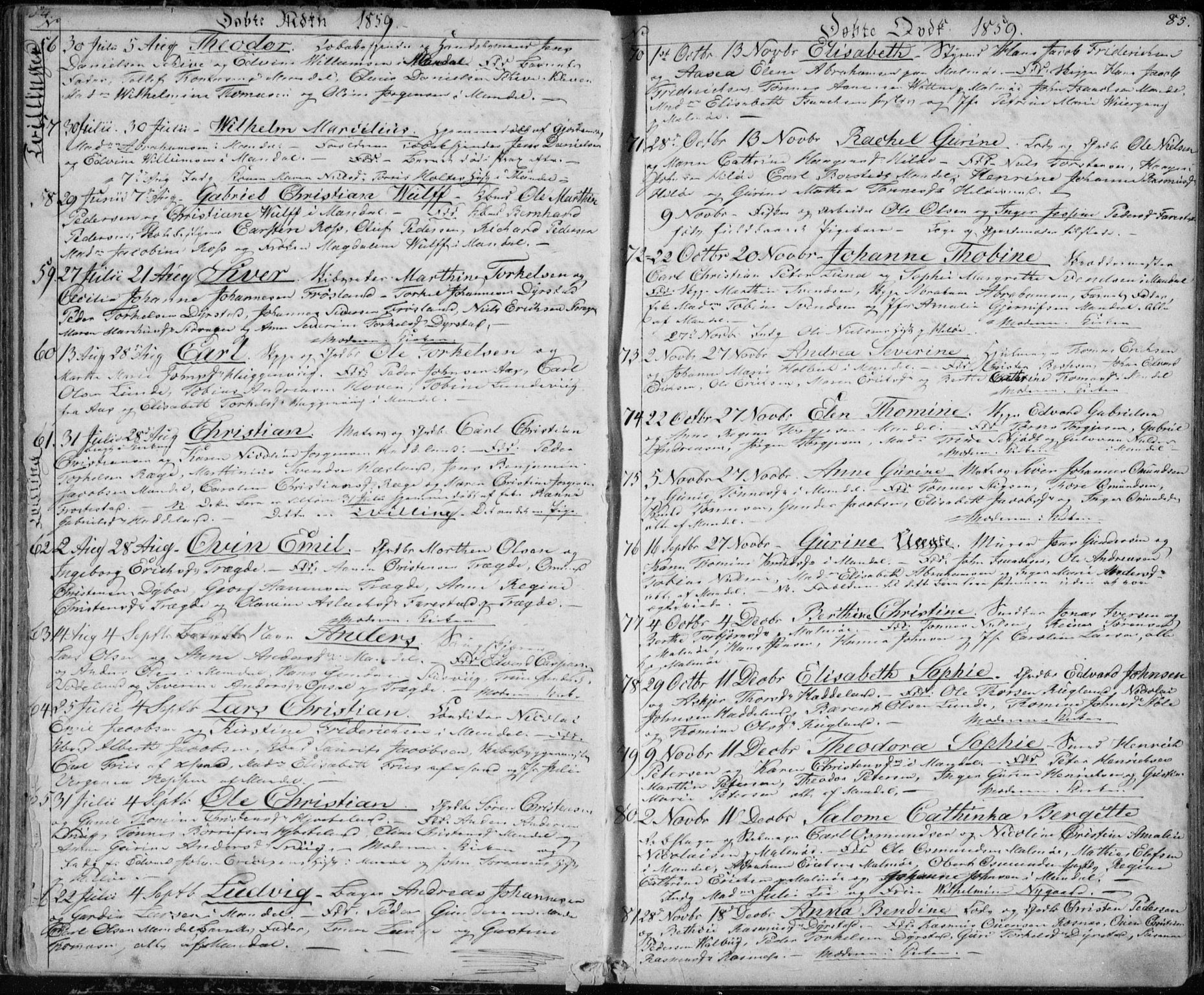 Mandal sokneprestkontor, SAK/1111-0030/F/Fb/Fba/L0008: Parish register (copy) no. B 2, 1854-1868, p. 84-85