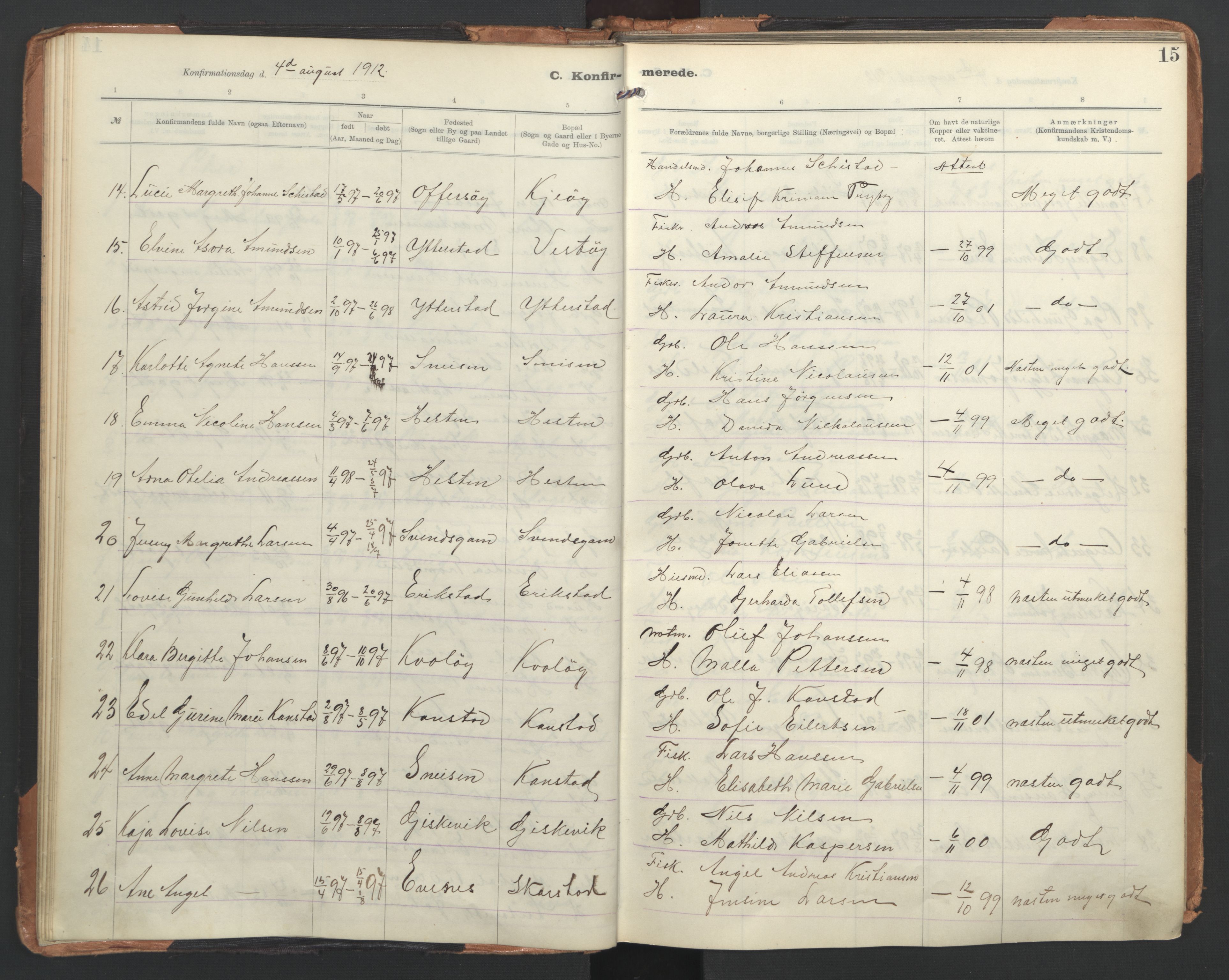 Ministerialprotokoller, klokkerbøker og fødselsregistre - Nordland, AV/SAT-A-1459/872/L1042: Parish register (official) no. 872A17, 1910-1937, p. 15