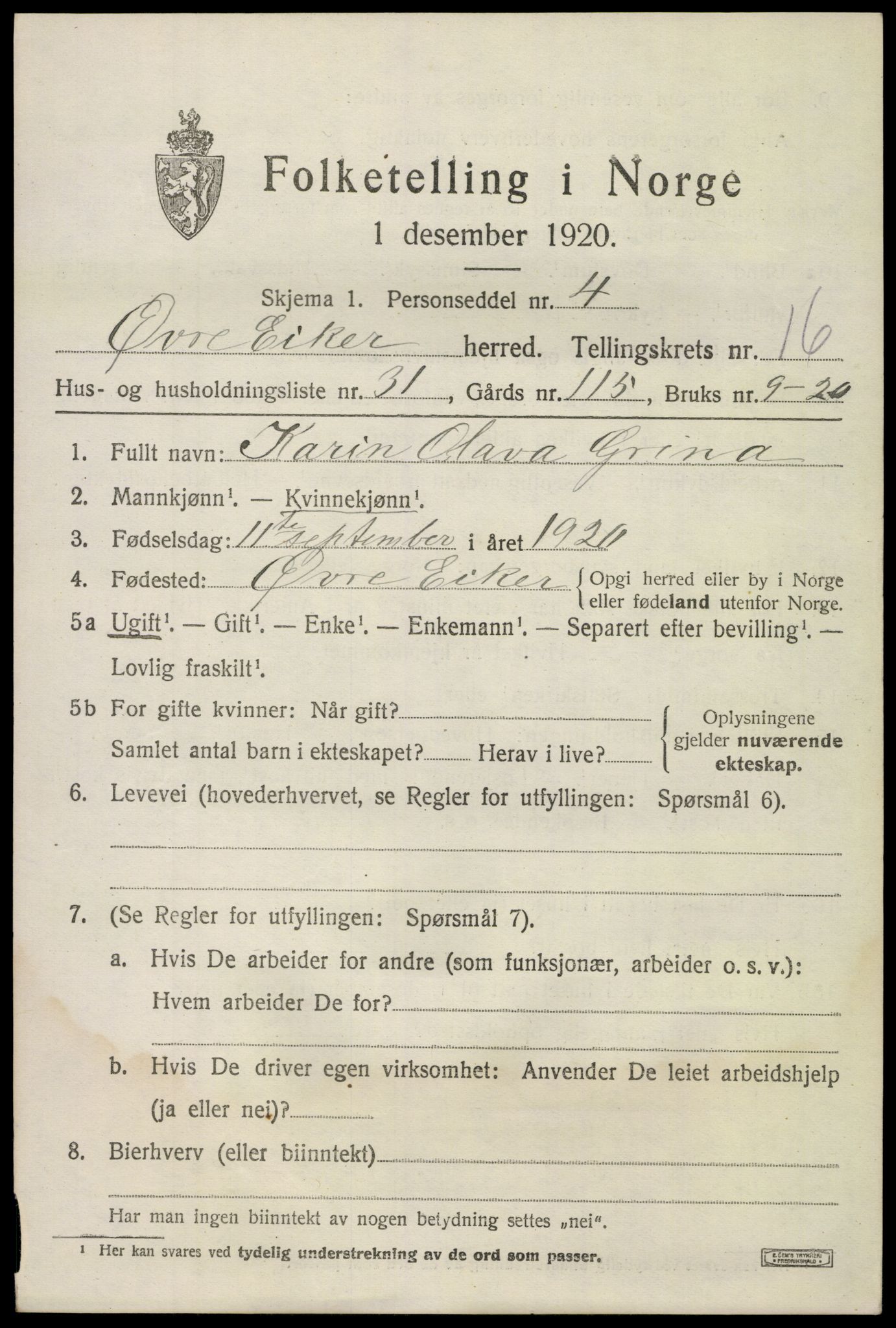 SAKO, 1920 census for Øvre Eiker, 1920, p. 21316