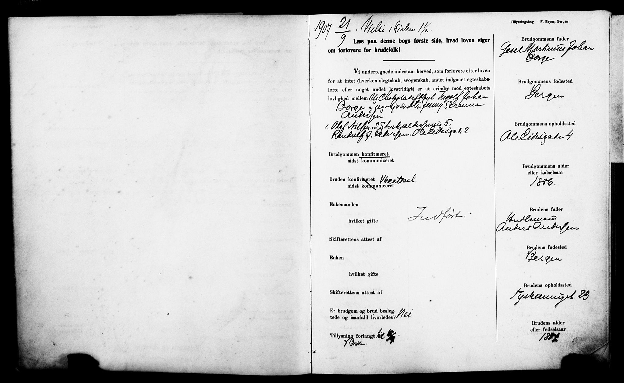 Nykirken Sokneprestembete, AV/SAB-A-77101: Best man's statements no. II.5.5, 1907-1912, p. 2