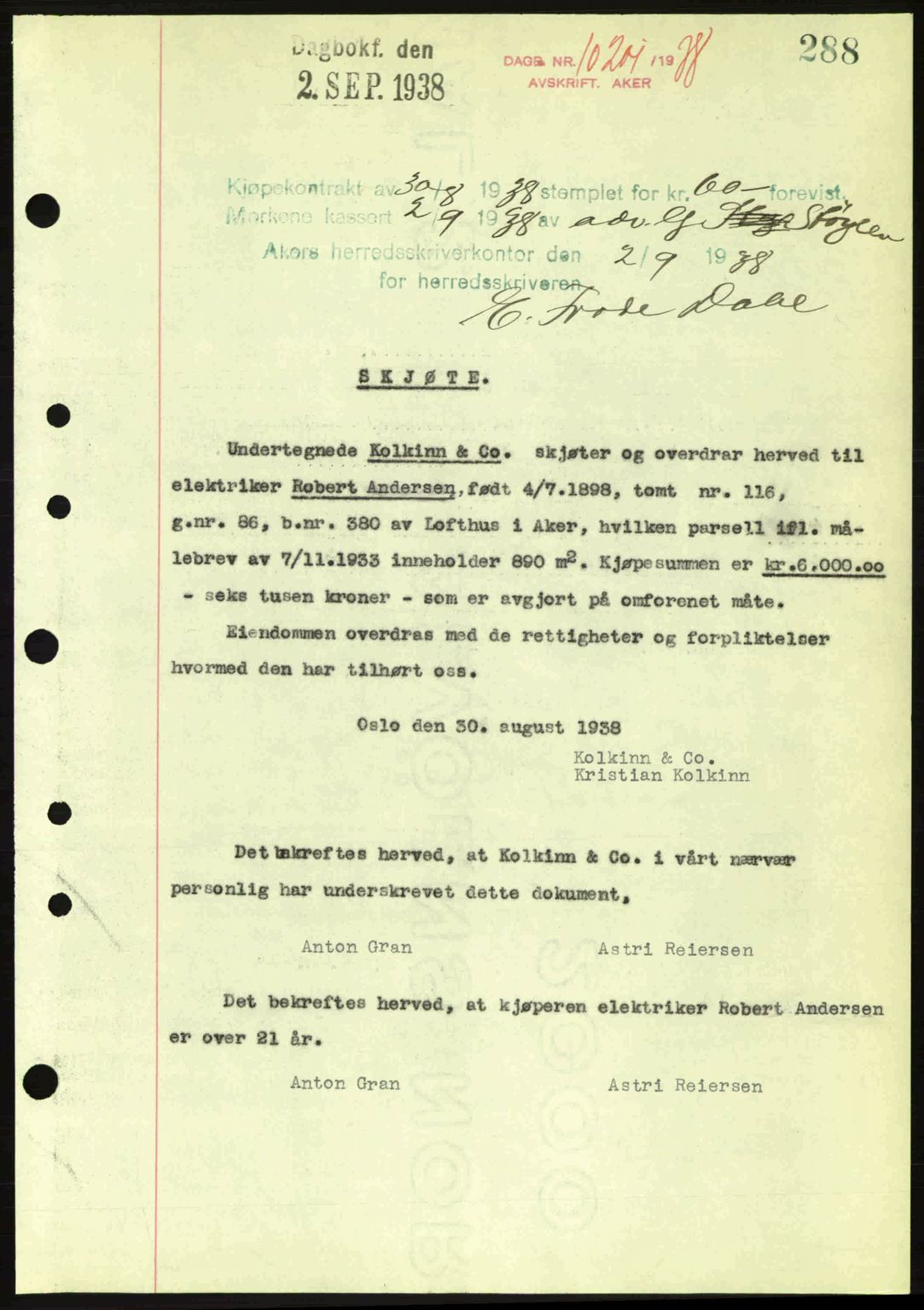 Aker herredsskriveri, SAO/A-10896/G/Gb/Gba/Gbab/L0025: Mortgage book no. A154-155, 1938-1938, Diary no: : 10201/1938