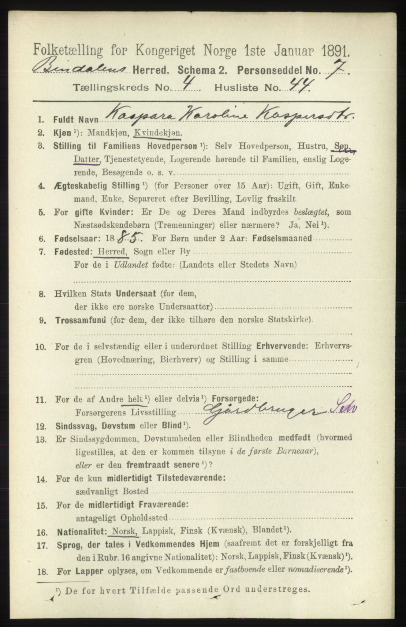 RA, 1891 census for 1811 Bindal, 1891, p. 1289