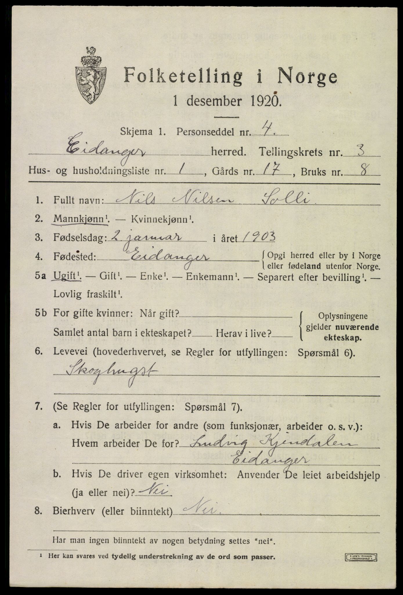 SAKO, 1920 census for Eidanger, 1920, p. 3364
