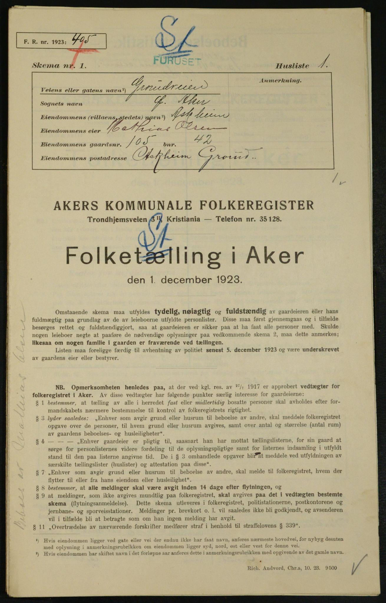 , Municipal Census 1923 for Aker, 1923, p. 25095