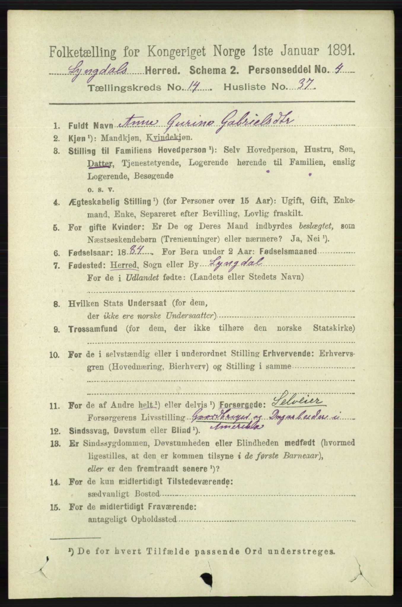 RA, 1891 census for 1032 Lyngdal, 1891, p. 6015