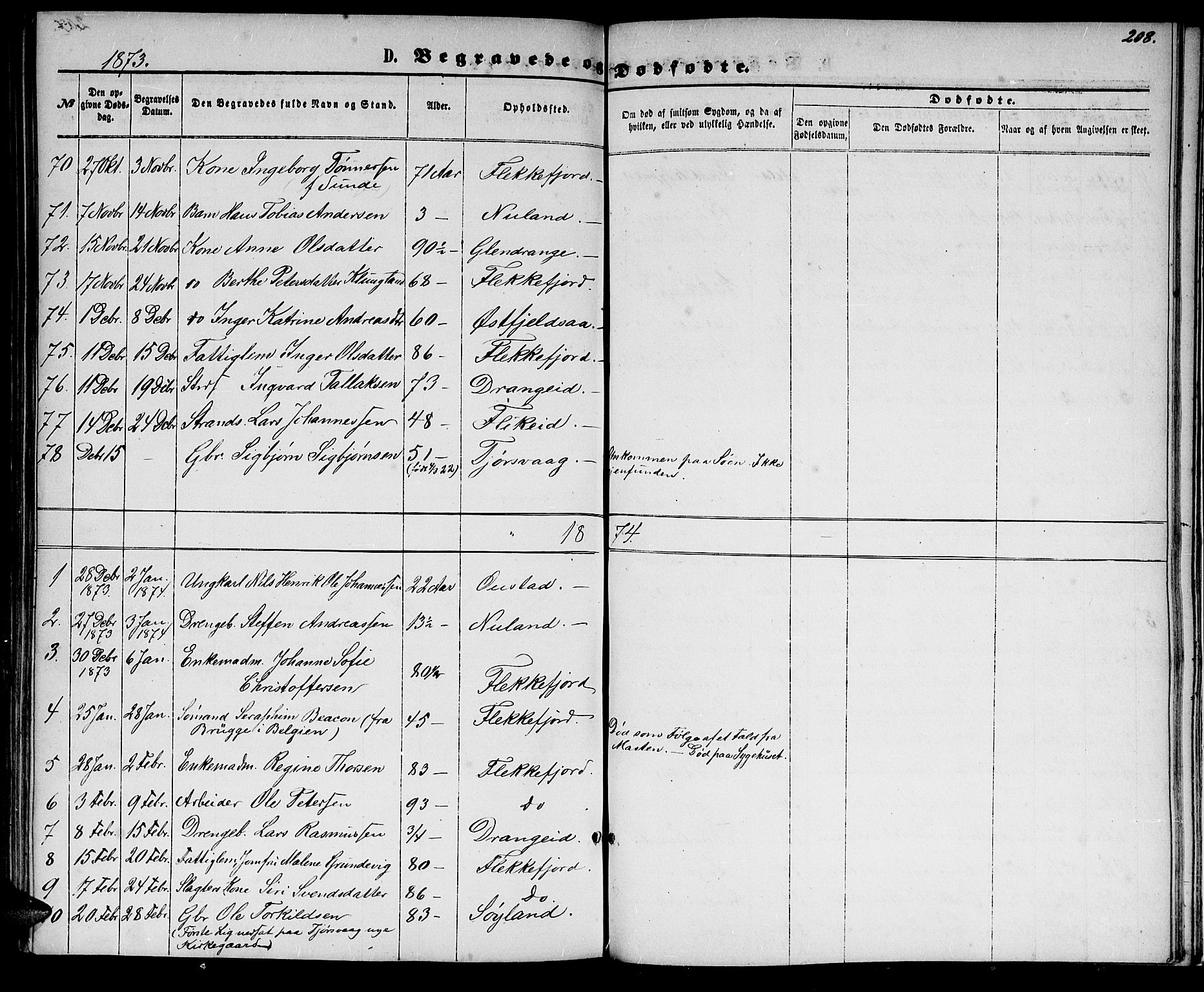 Flekkefjord sokneprestkontor, SAK/1111-0012/F/Fb/Fbc/L0006: Parish register (copy) no. B 6, 1866-1879, p. 208