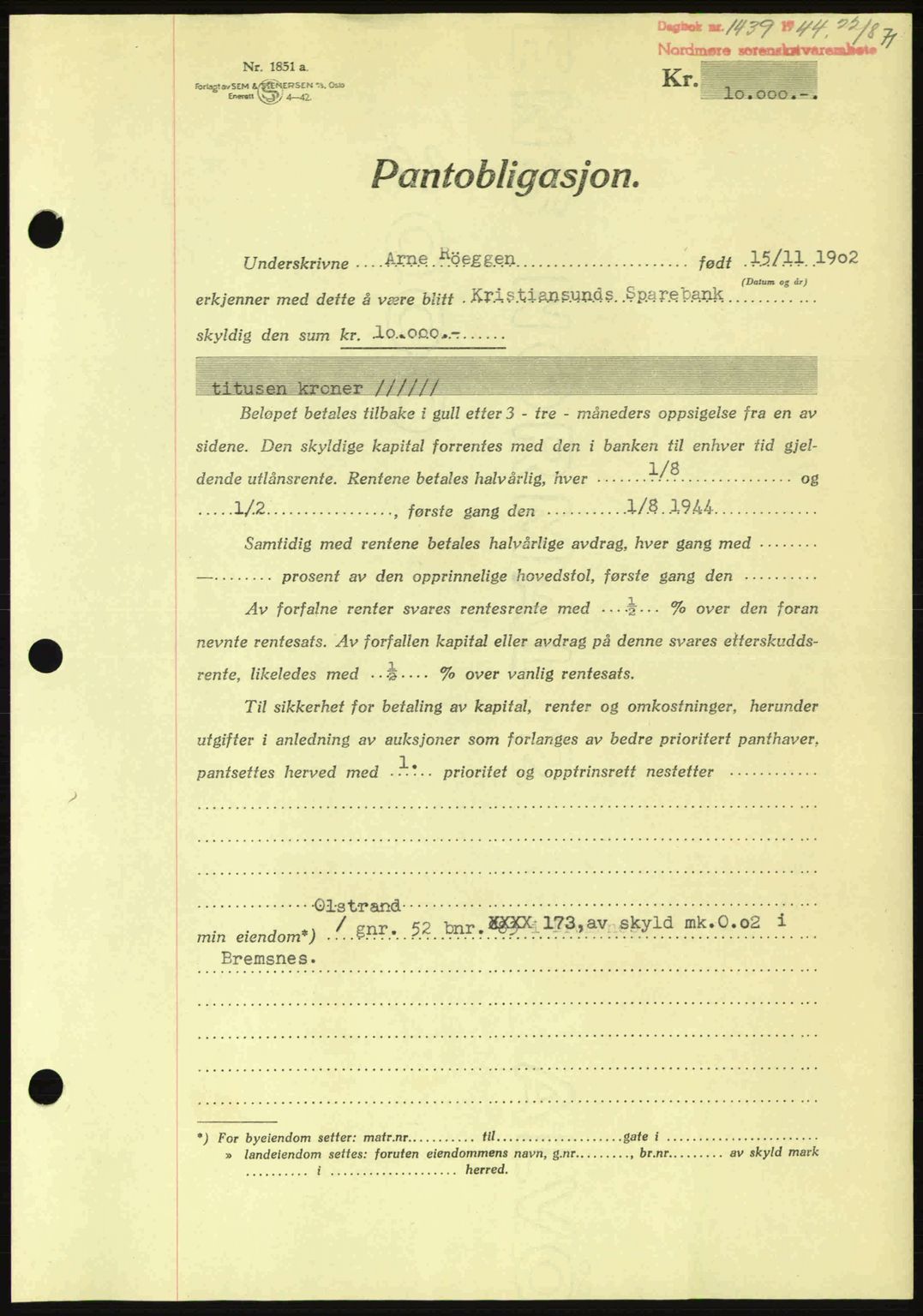 Nordmøre sorenskriveri, AV/SAT-A-4132/1/2/2Ca: Mortgage book no. B92, 1944-1945, Diary no: : 1439/1944